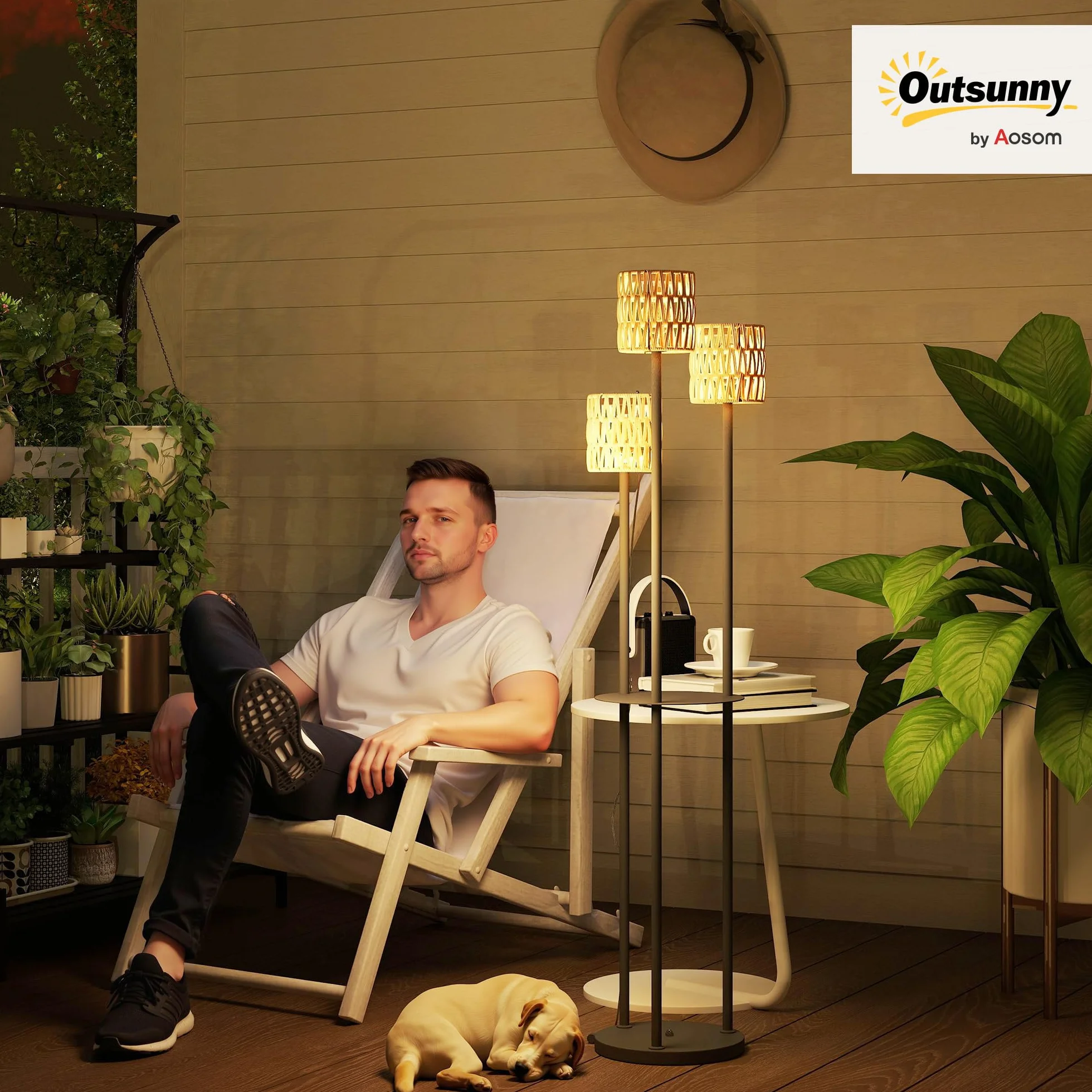 Outsunny Lampadaire solaire extérieur résine tressée 3 lumières bohème capteur étagère IP44 jardin patio terrasse Ø37 x 144 cm jaune