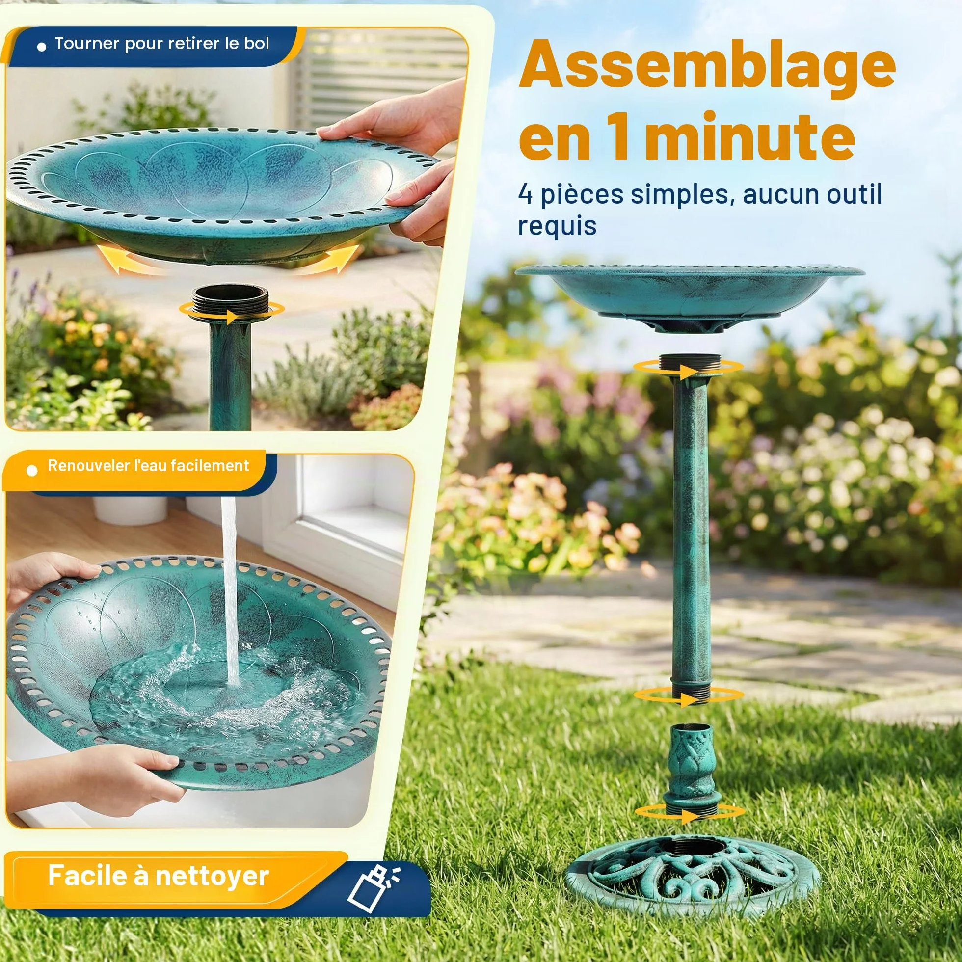 VIVOHOME Bain d'oiseaux avec Fontaine Solaire Antique pour Extérieur Jardin Vert