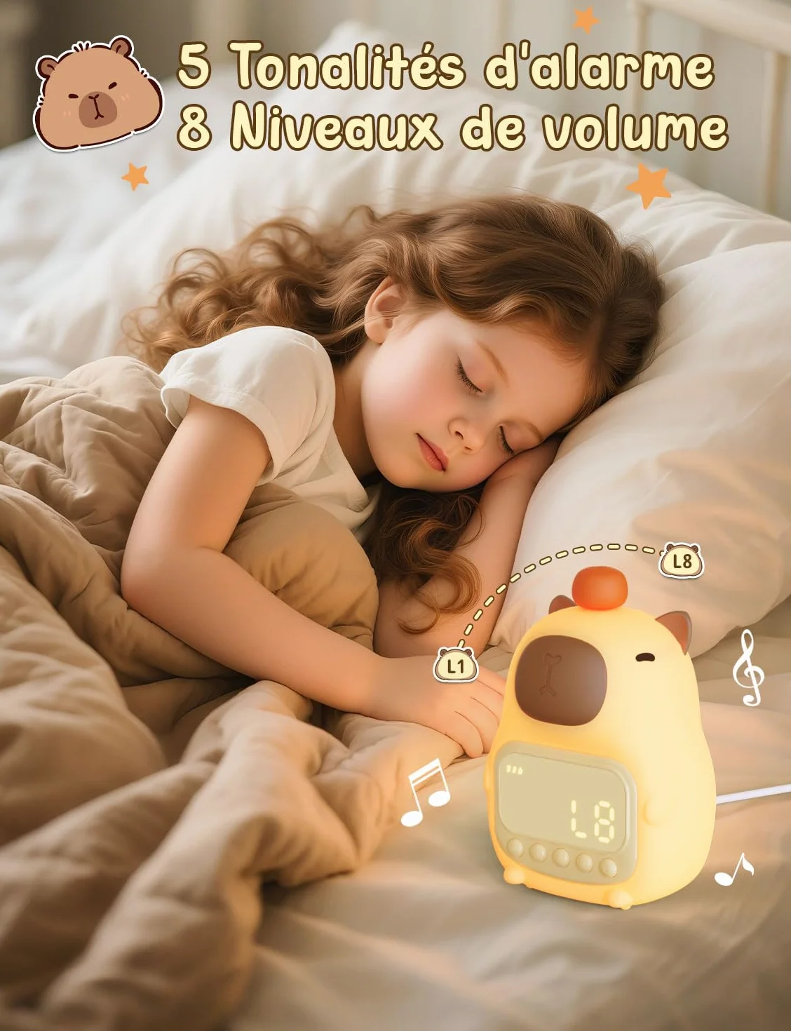 YISSVIC Réveil Enfants Capybara Veilleuse Silicone 2 Alarmes Fonction Répétition Affichage 12/24h Horloge Chevet