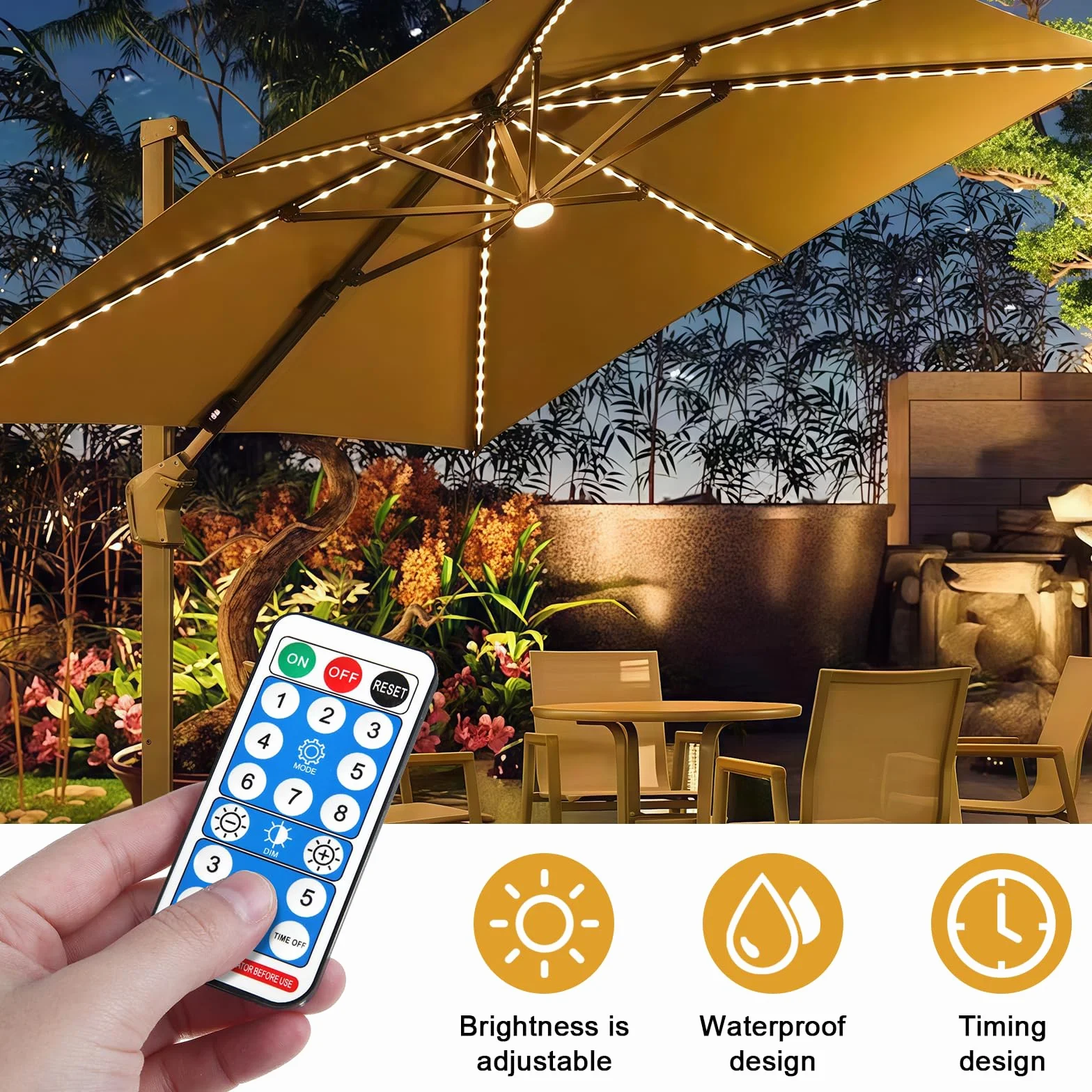 Guirlande lumineuse solaire pour parasol LED 104 LED IP67 étanche 8 modes télécommande