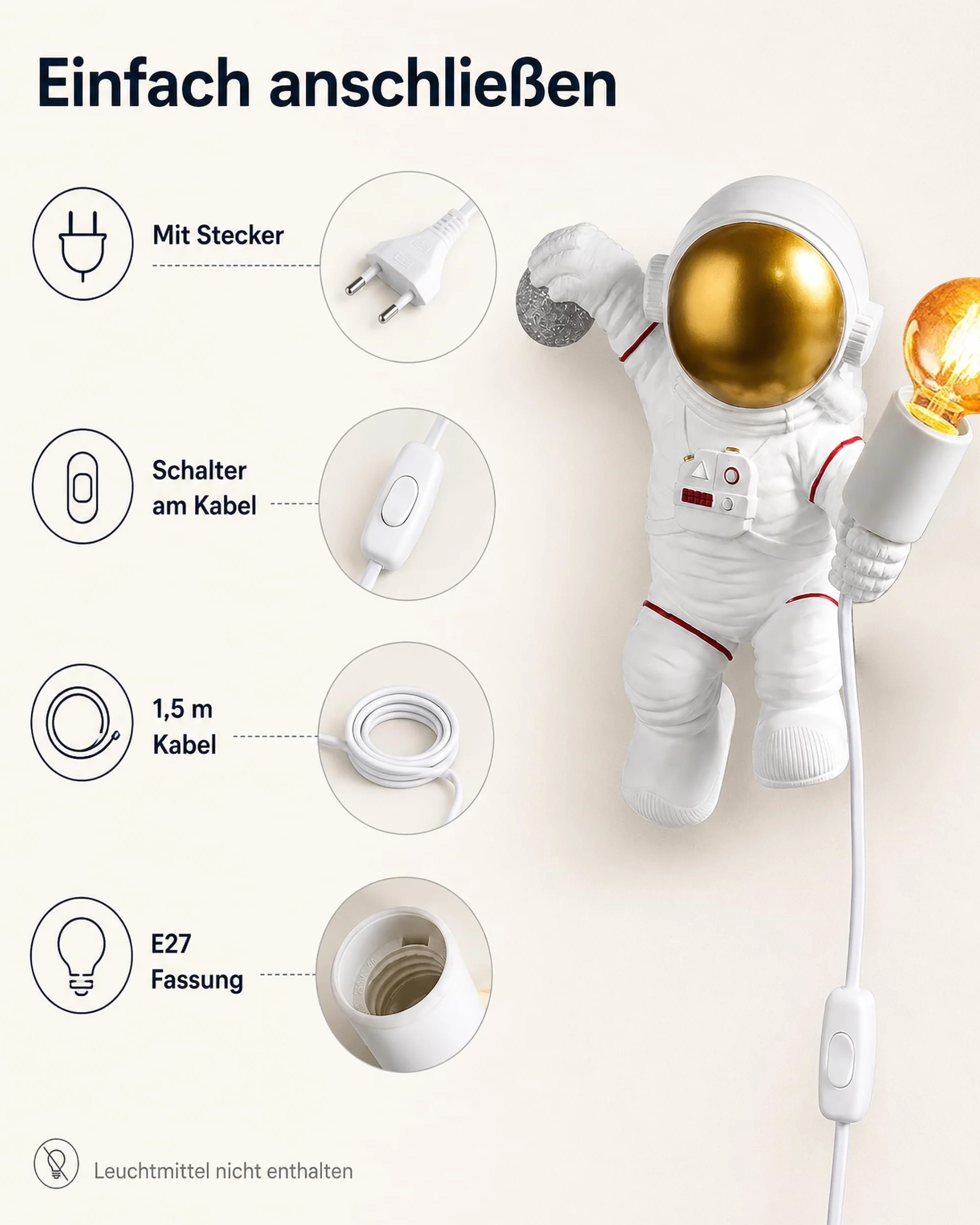 ACMHNC Applique Murale Enfant avec Interrupteur E27 Astronaute Lampe Murale Prise Câble 1,5 M Blanc
