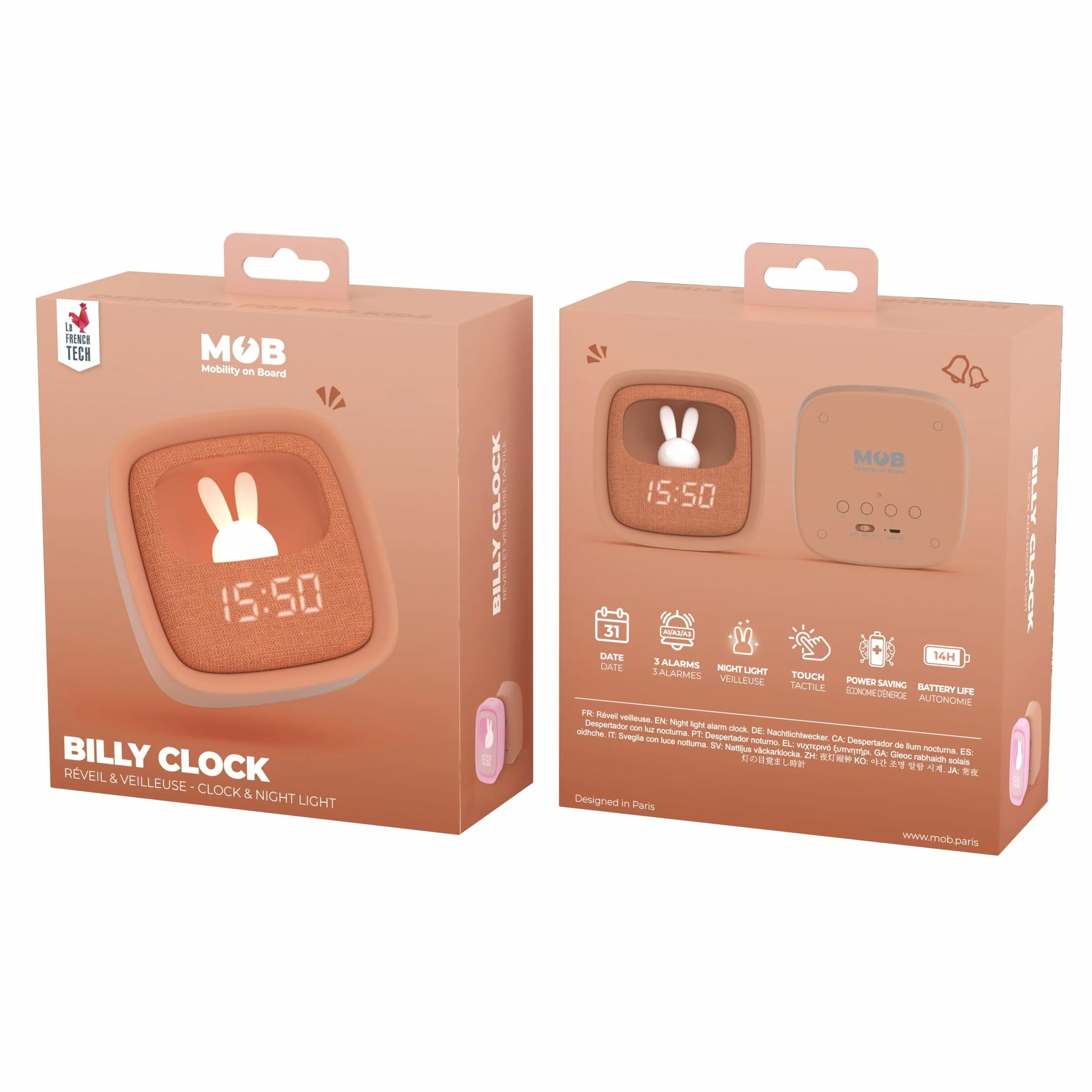 Billy Clock Réveil Veilleuse Enfant Lapin Tissu Plastique Soft-Touch Programmation Date Heure 3 Alarmes Marron