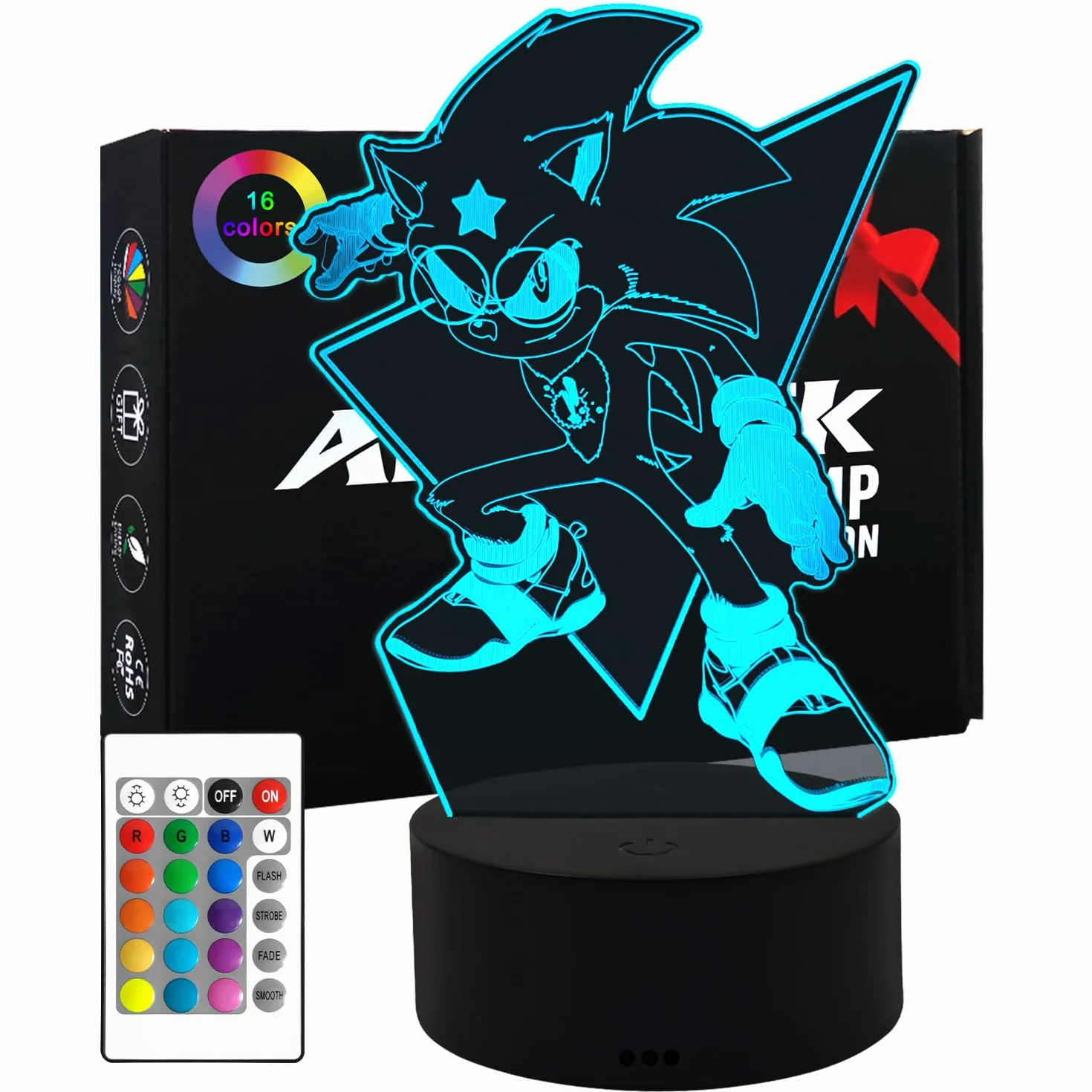 Sonic Hedgehog Lampe 3D Illusion Veilleuse 16 Couleurs Décoration Chambre Figurine Anime Cadeaux Enfants