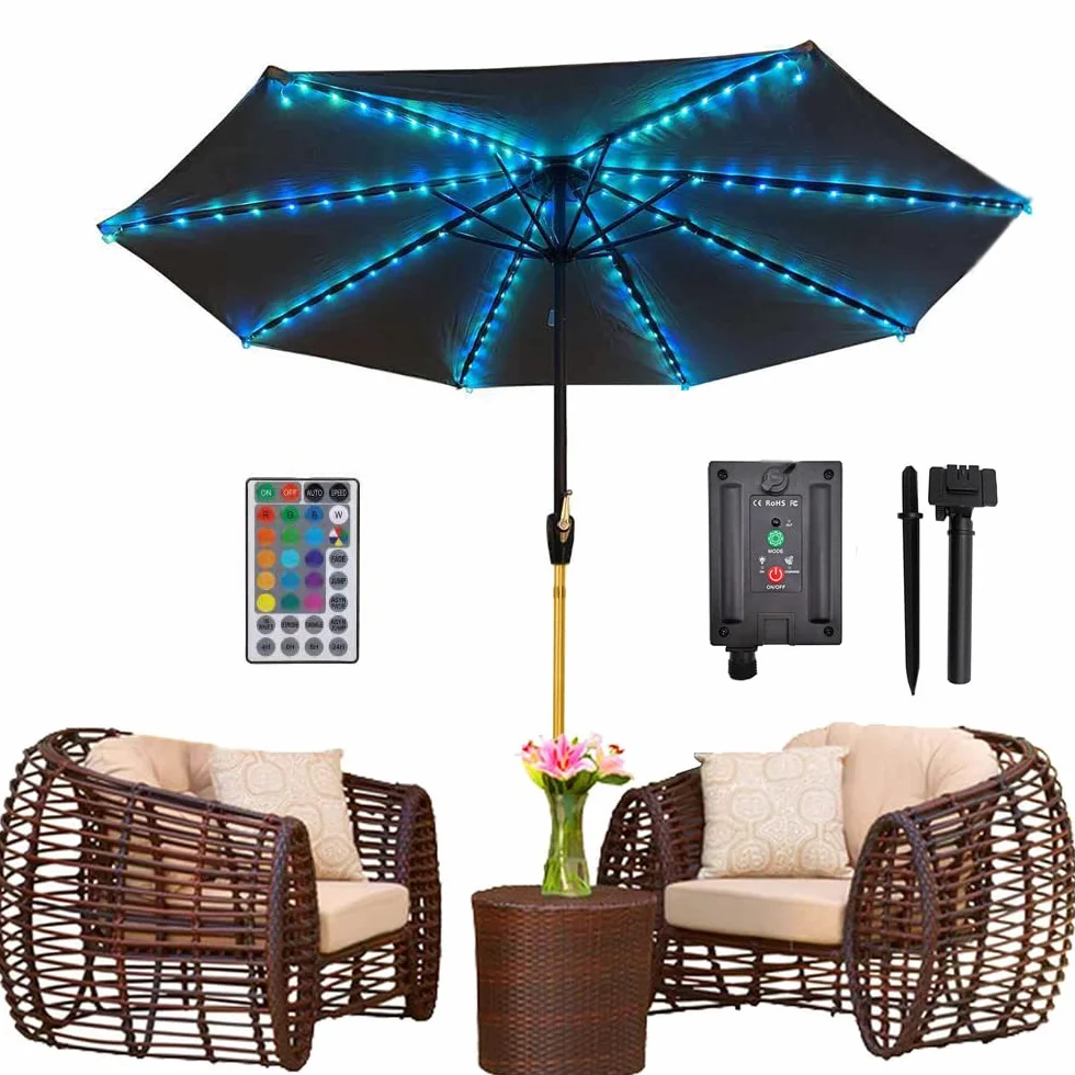 Lampe de parasol 104 LED 8 modes avec télécommande Étanche IP67 Solaire