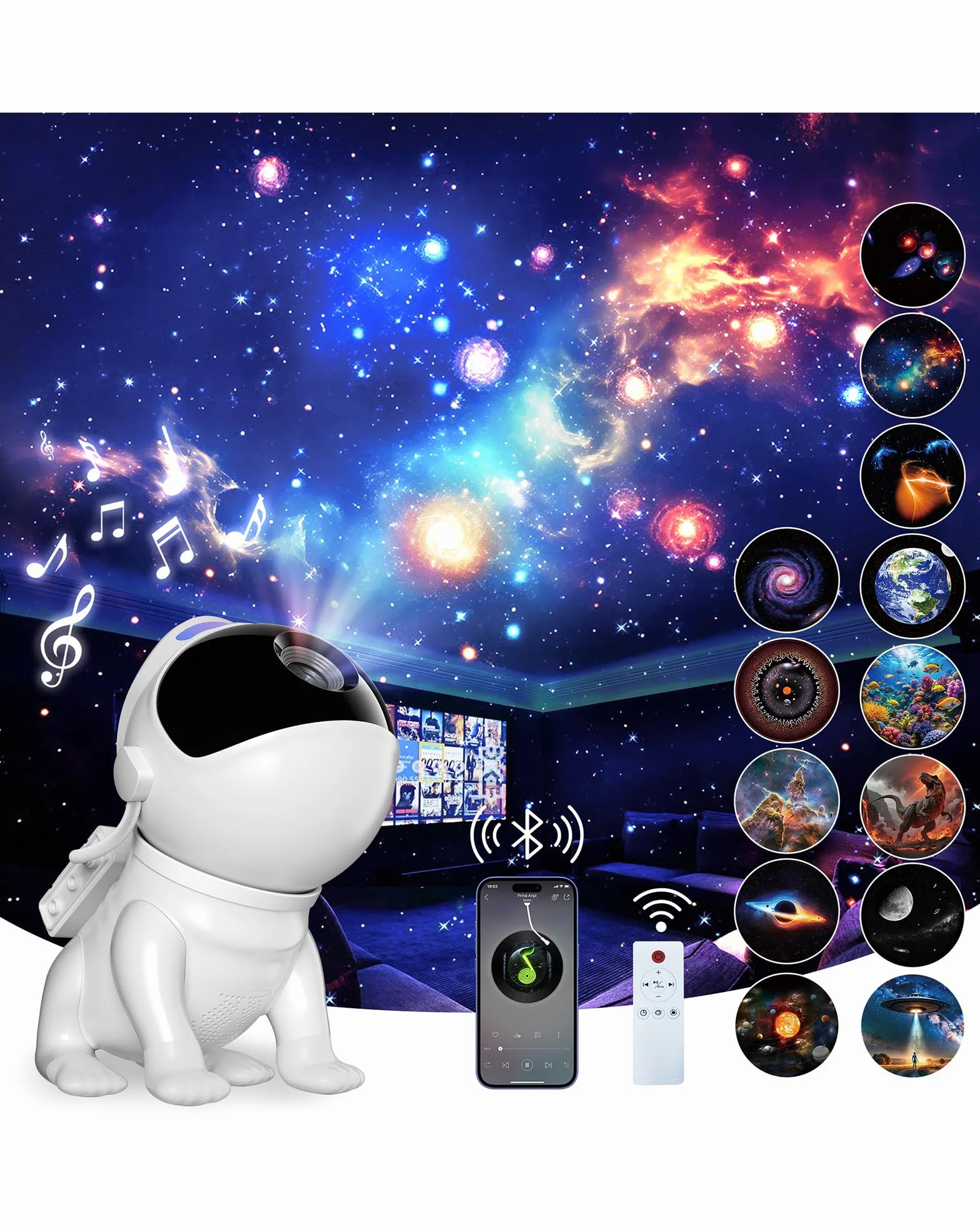 Projecteur Ciel Étoilé Bluetooth avec 12 Disques, 15 Bruits Blancs, Minuterie, Télécommande
