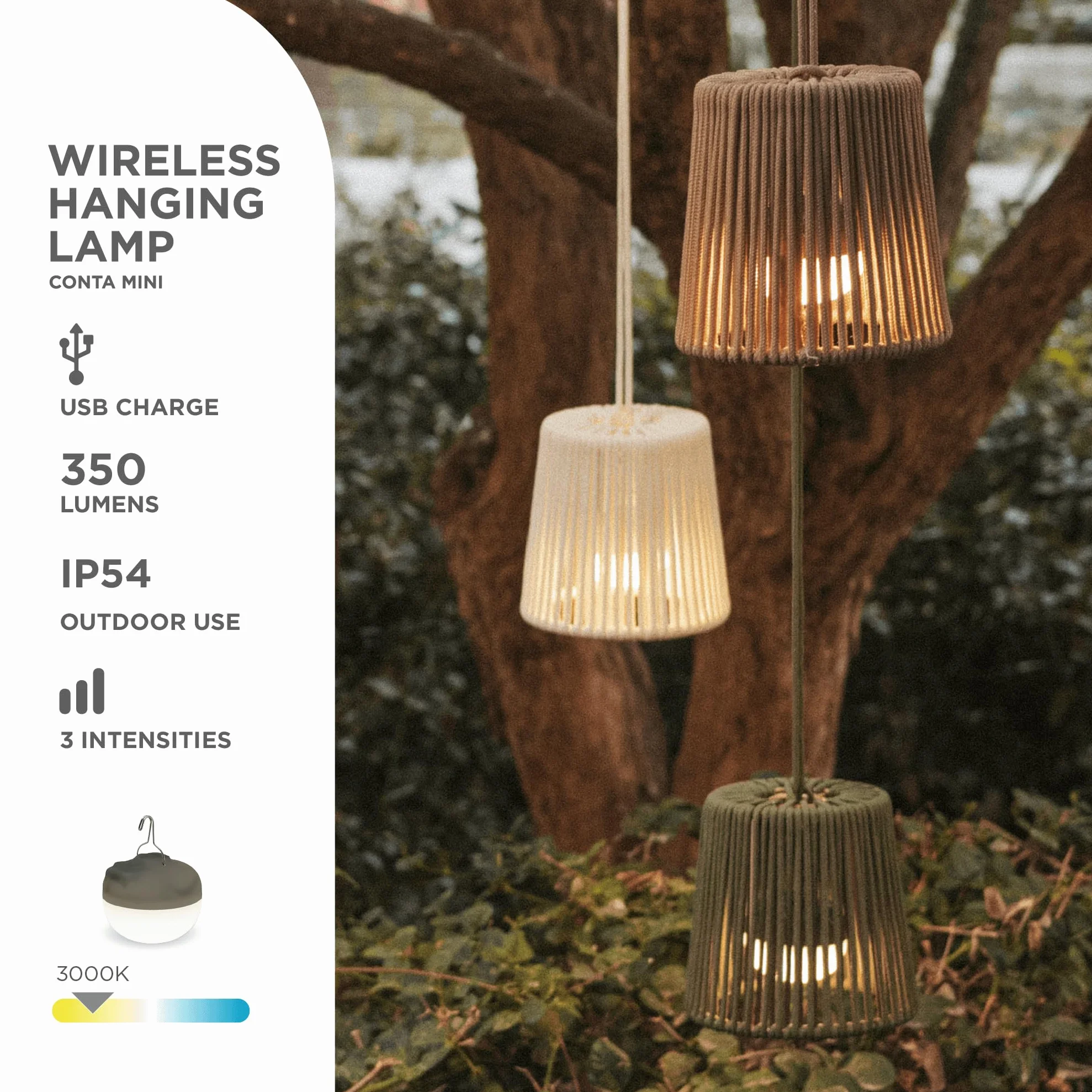 newgarden Conta Mini Lampe suspendue LED portable avec télécommande et batterie rechargeable USB Blanc