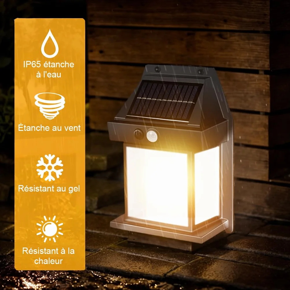 Lanterne Murale Solaire Étanche IP65 avec Détecteur de Mouvement 3 Modes 1200mAh, Éclairage Sécurité pour Jardin (Blanc chaud)