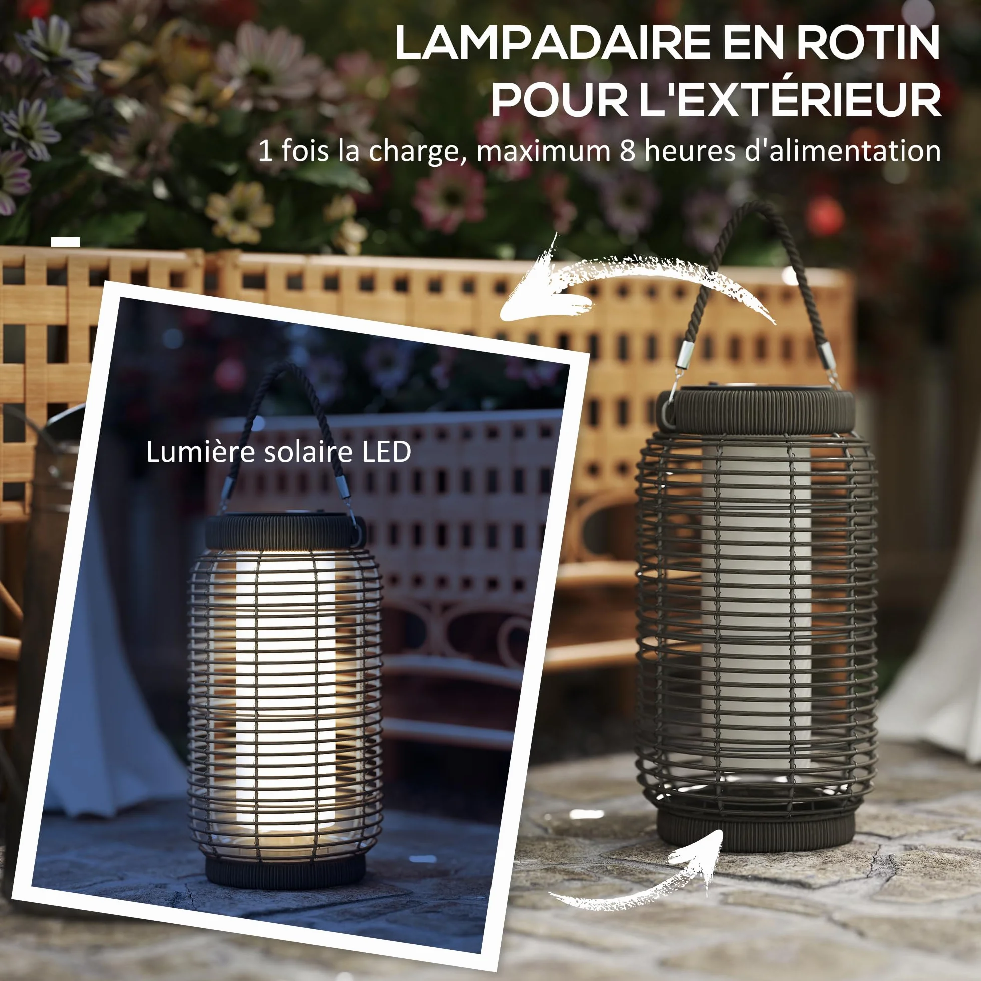 Outsunny Lampadaire d'extérieur solaire LED en résine tressée acier Ø18 x 37 cm gris
