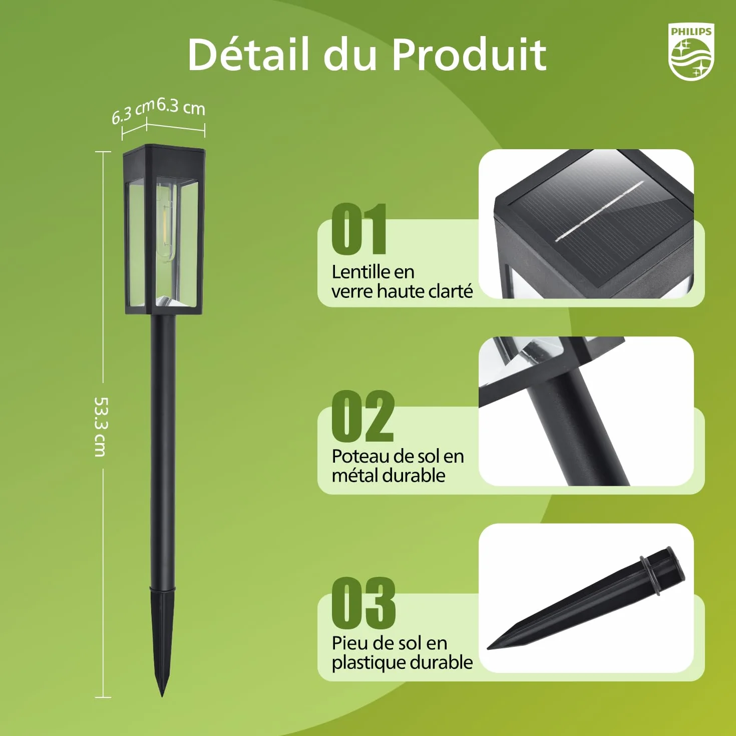 Philips Lot de 8 Lampes Solaires LED pour Allées Jardin, Verre Métal, 3000K Blanc Chaud, Étanche