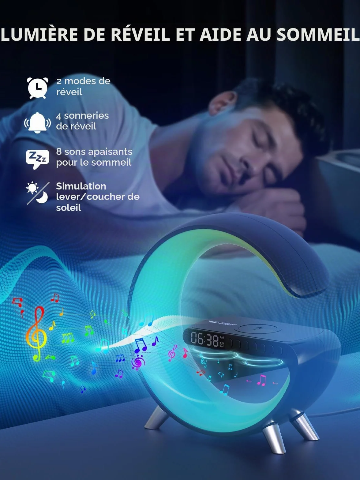Smiling Shark Lampe Ambiance Réveil avec Charge Sans Fil Bluetooth Simulateur Aube Dimmable