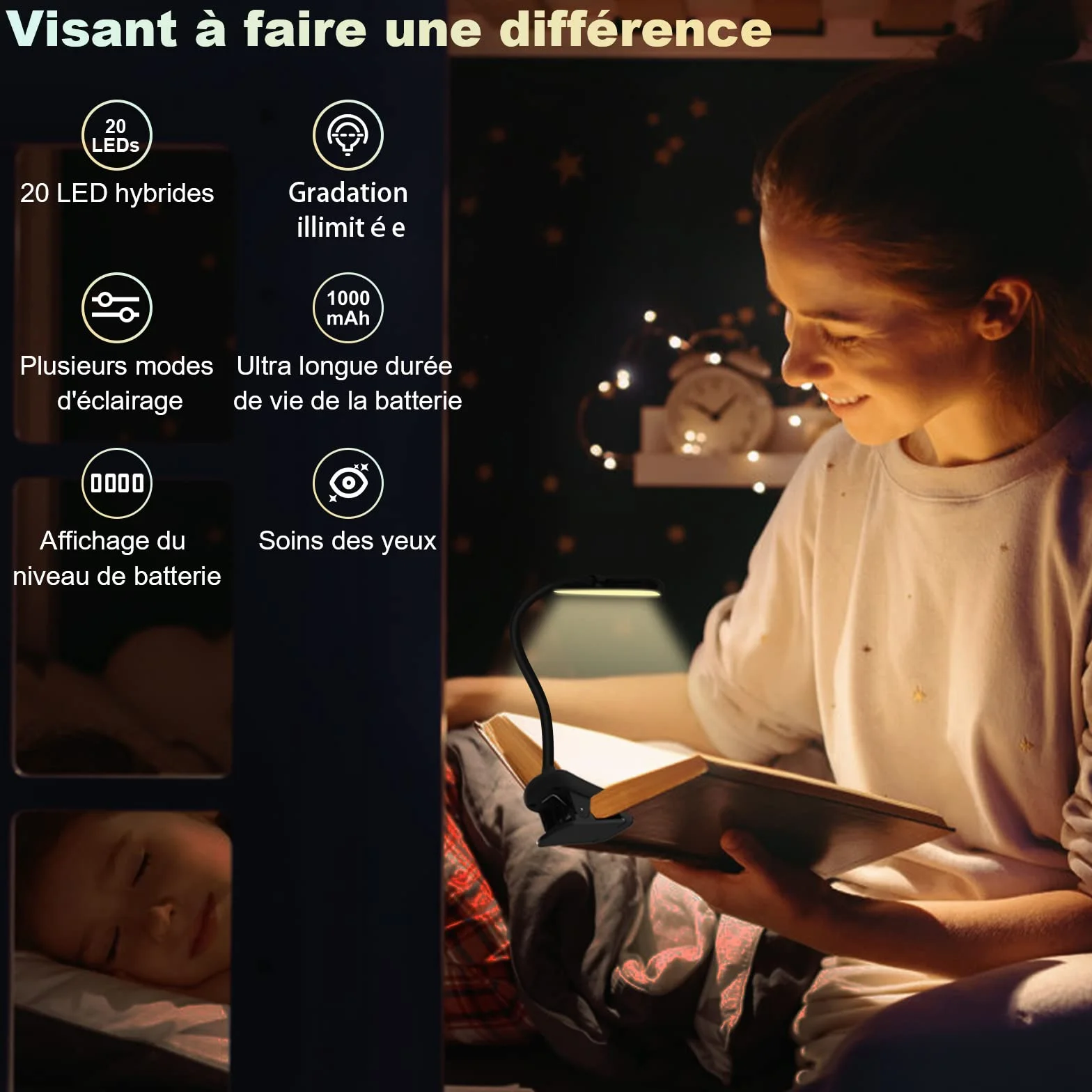 Lampe de Lecture Horizontale LED Rechargeable USB, 20 LEDs, Portable, Contrôle Tactile, 3 Couleurs, 1000mAh
