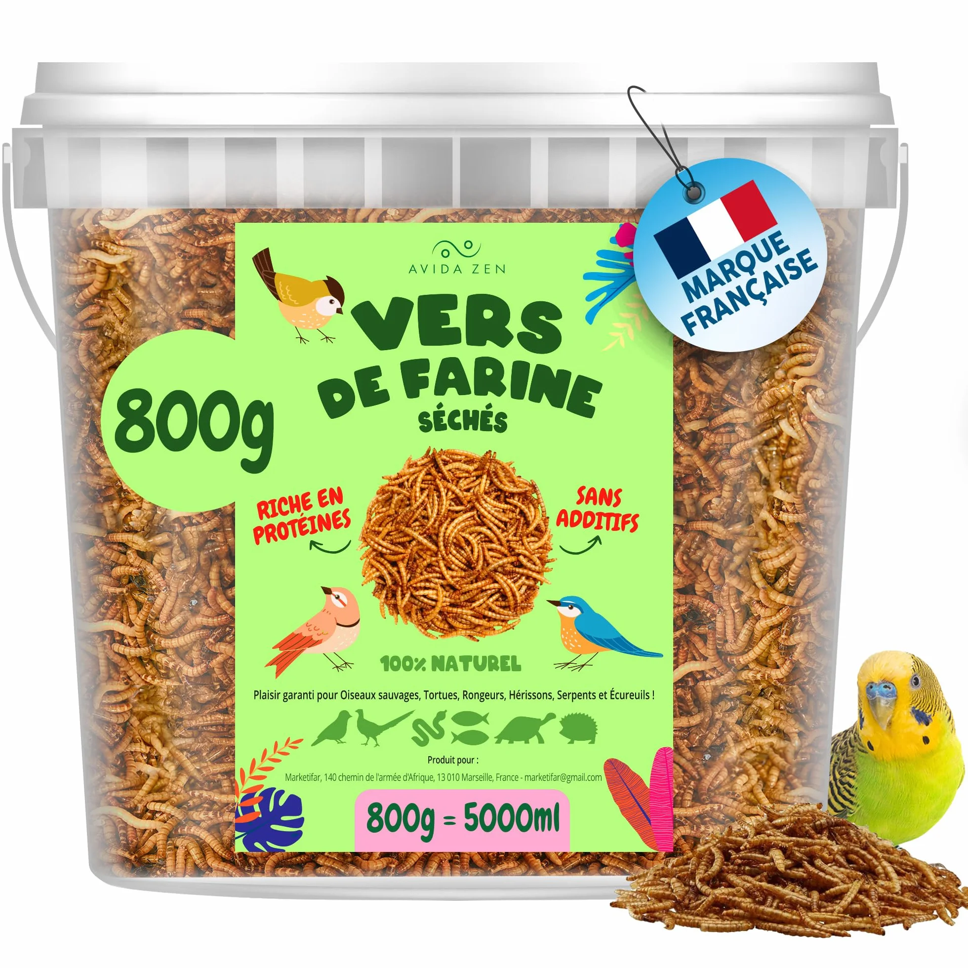 AVIDA ZEN Vers de Farine Séchés 800g - Friandises Naturelles pour Poissons, Oiseaux, Tortues, Rongeurs et Reptiles