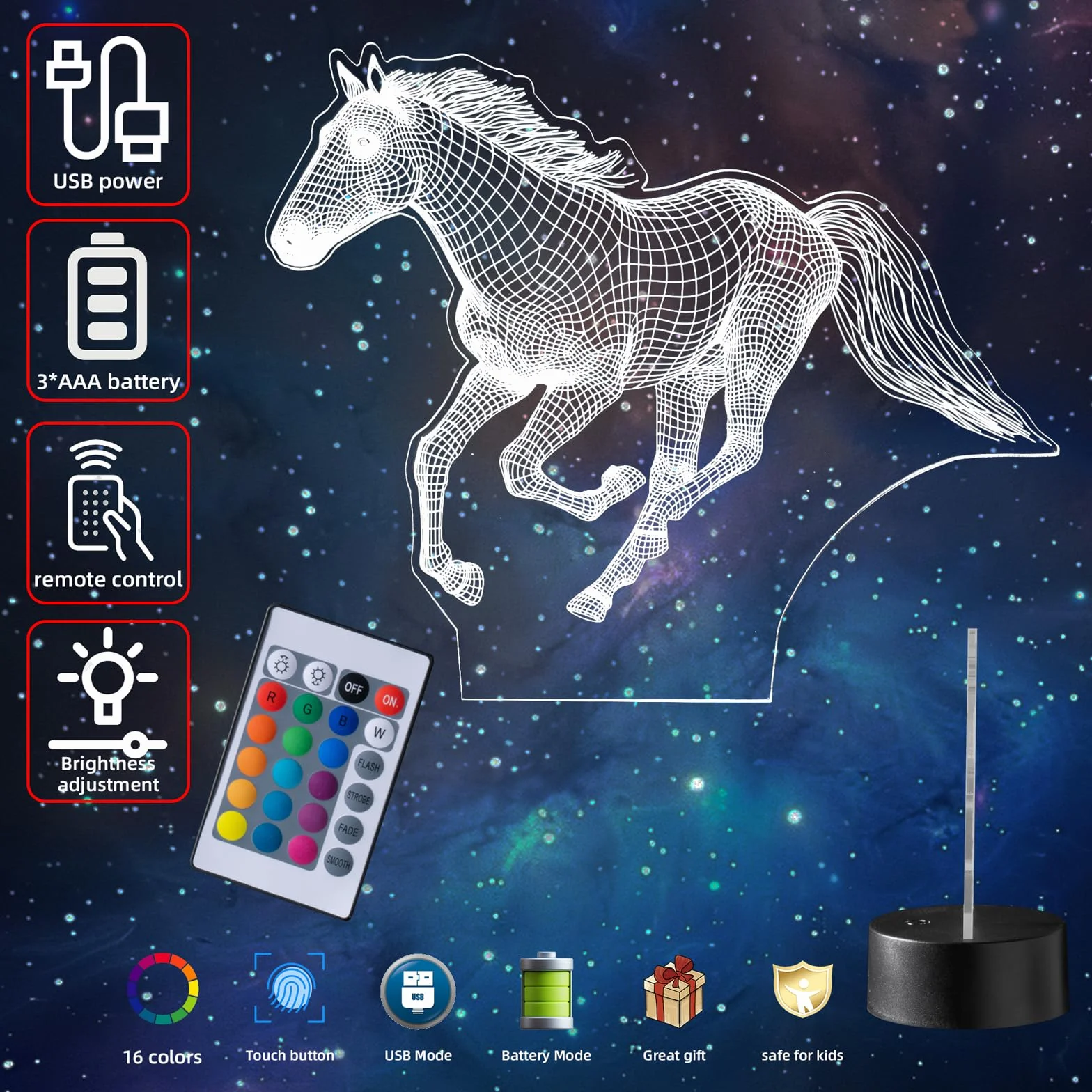 3D Lampe Cheval Veilleuse Enfant 16 Couleurs USB Batterie Interrupteur Effleurement Cadeau