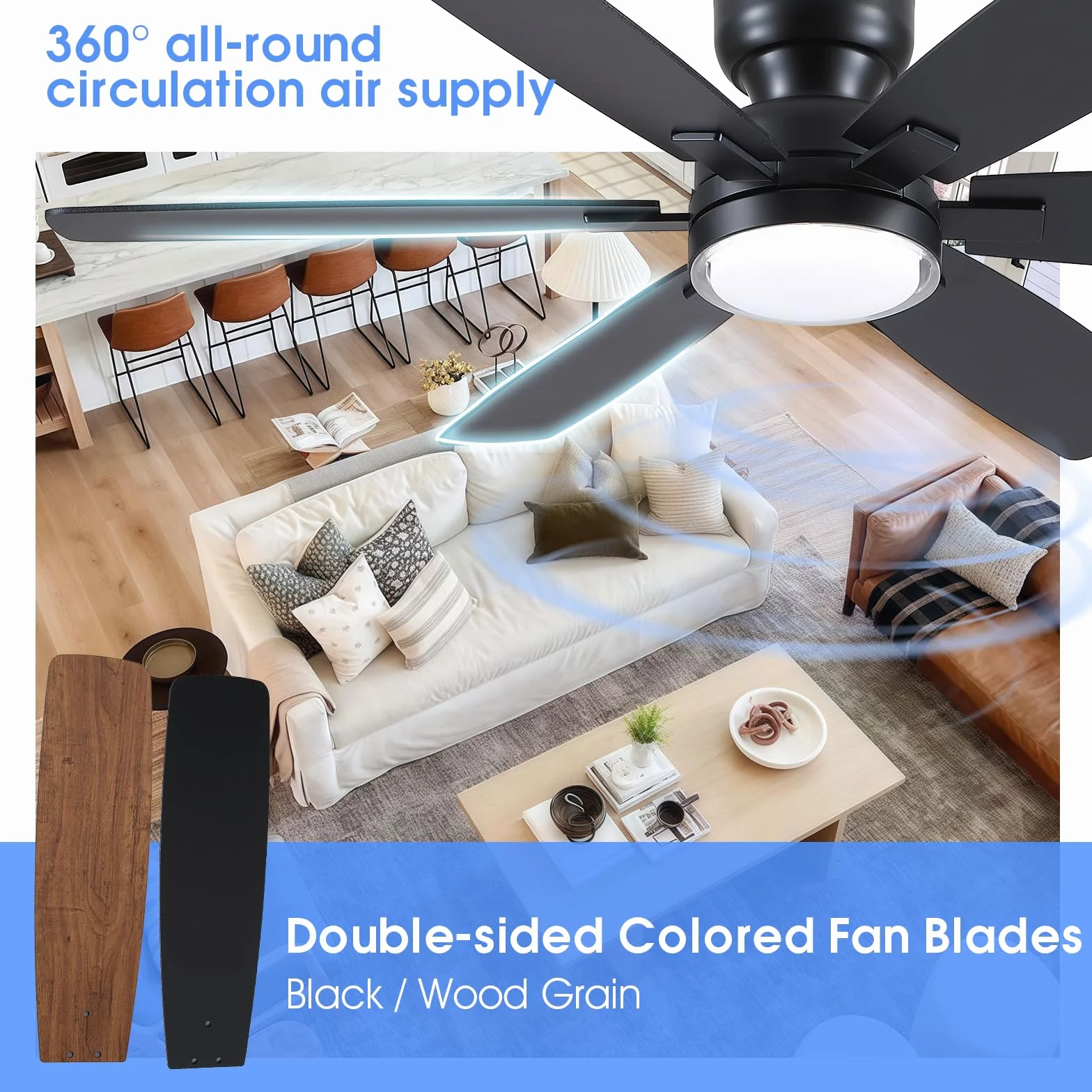 Ventilateur de plafond 132 cm avec lumière, télécommande et APP, 6 pales réversibles, couleur dimmable, marron