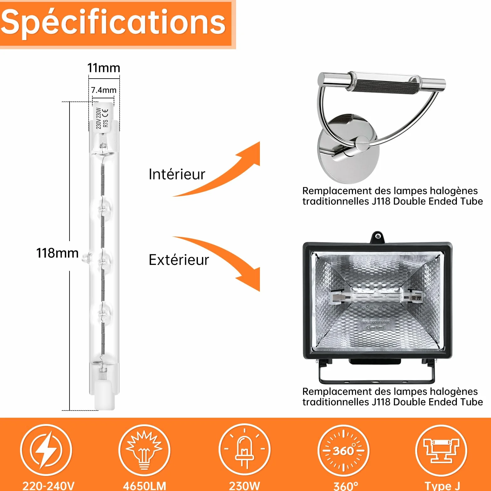 Tomosu R7s Ampoule Halogène 118mm 230W 4650LM 230V Dimmable Blanc Chaud 2800K Lot de 6