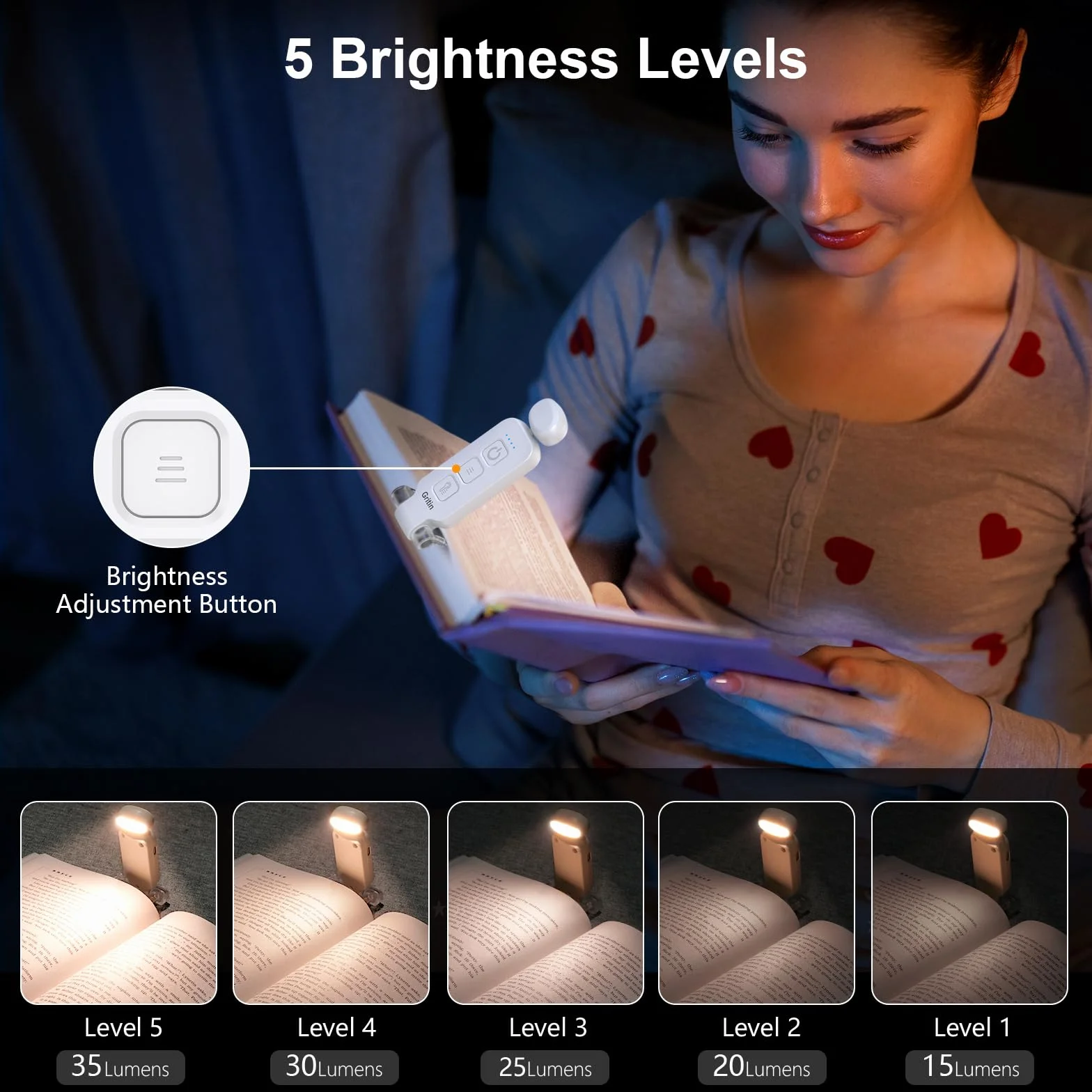 Gritin Lampe de Lecture Rechargeable 3 Couleurs Protection des Yeux 5 Réglages de Luminosité Tête Rotable 90°