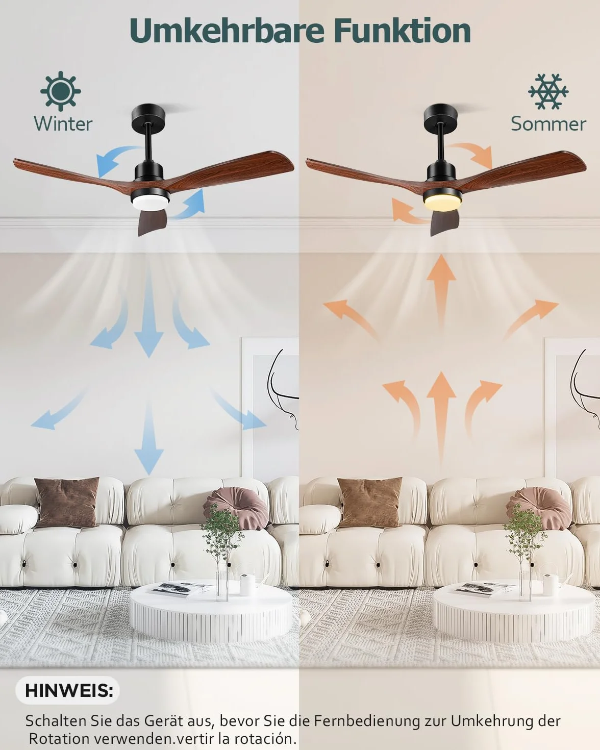 Ventilateur de plafond 132 cm avec lumière télécommande moteur DC réversible silencieux 3 pales bois design moderne