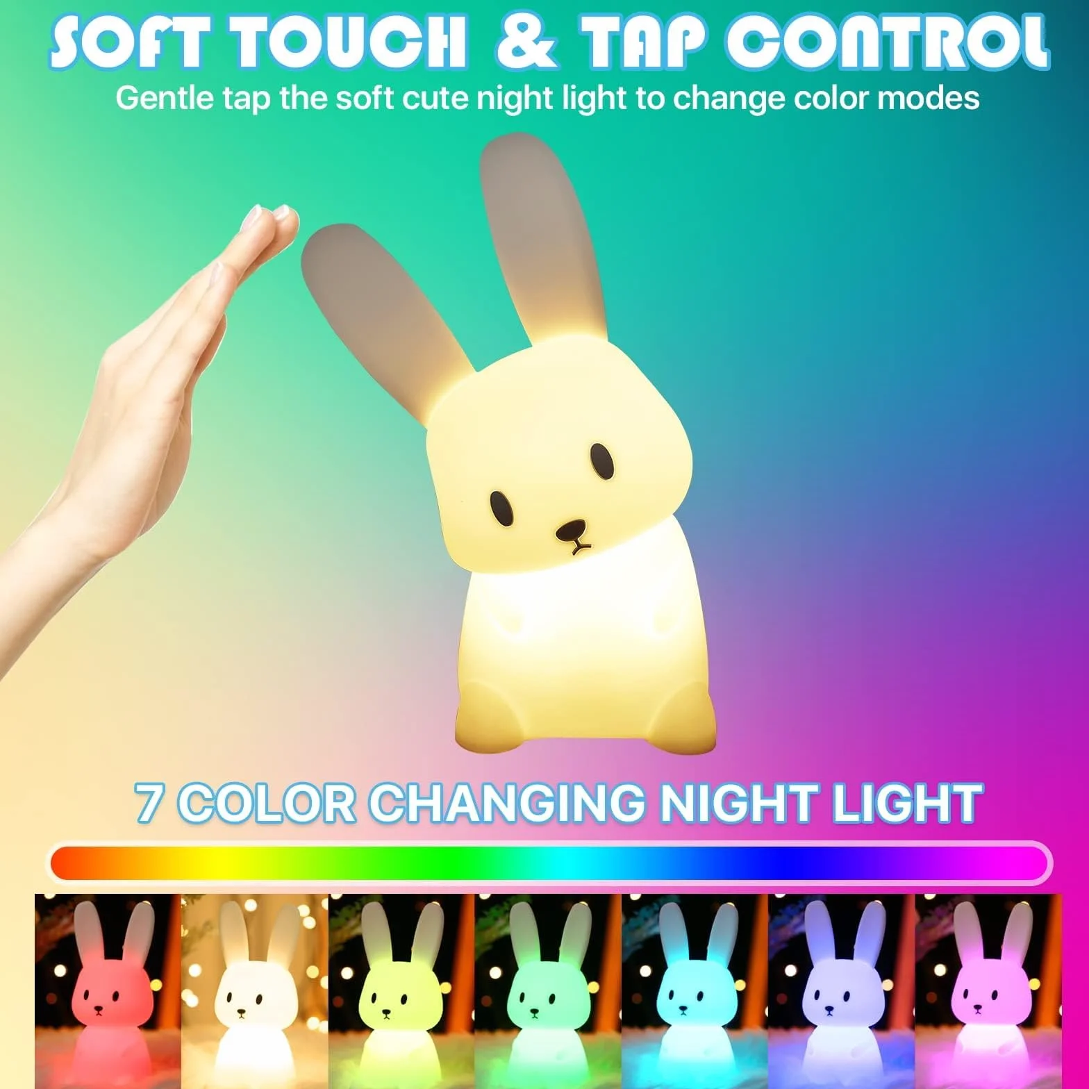 SOLIDEE Veilleuse Bebe Bunny 7 Changements de Lumière Recharge USB Minuterie Lampe de Chevet Silicone Enfant