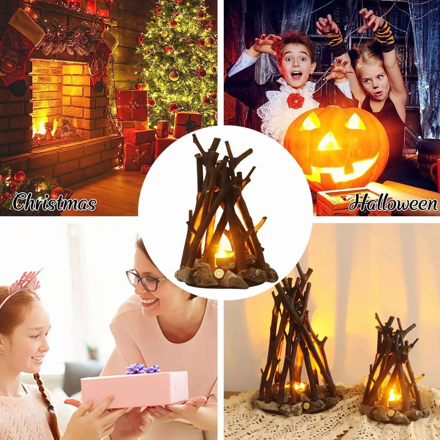 Lampe LED rechargeable Feu de camp rétro avec effet flamme 3 modes intérieur extérieur Décoration Noël