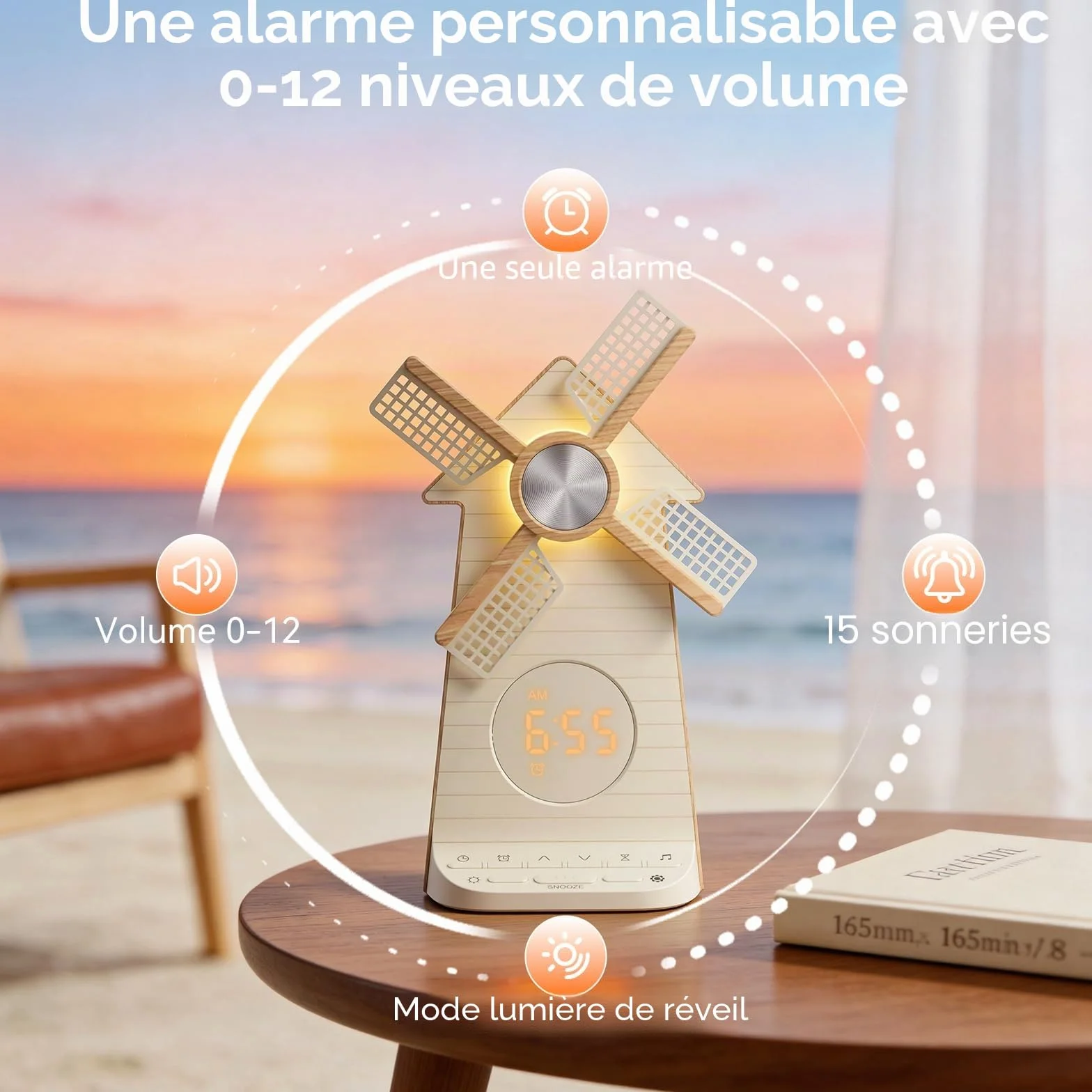 RETEYUNG Réveil avec veilleuse enfant à moulin à vent rotatif, simulateur d'aube, Alarme LED avec snooze