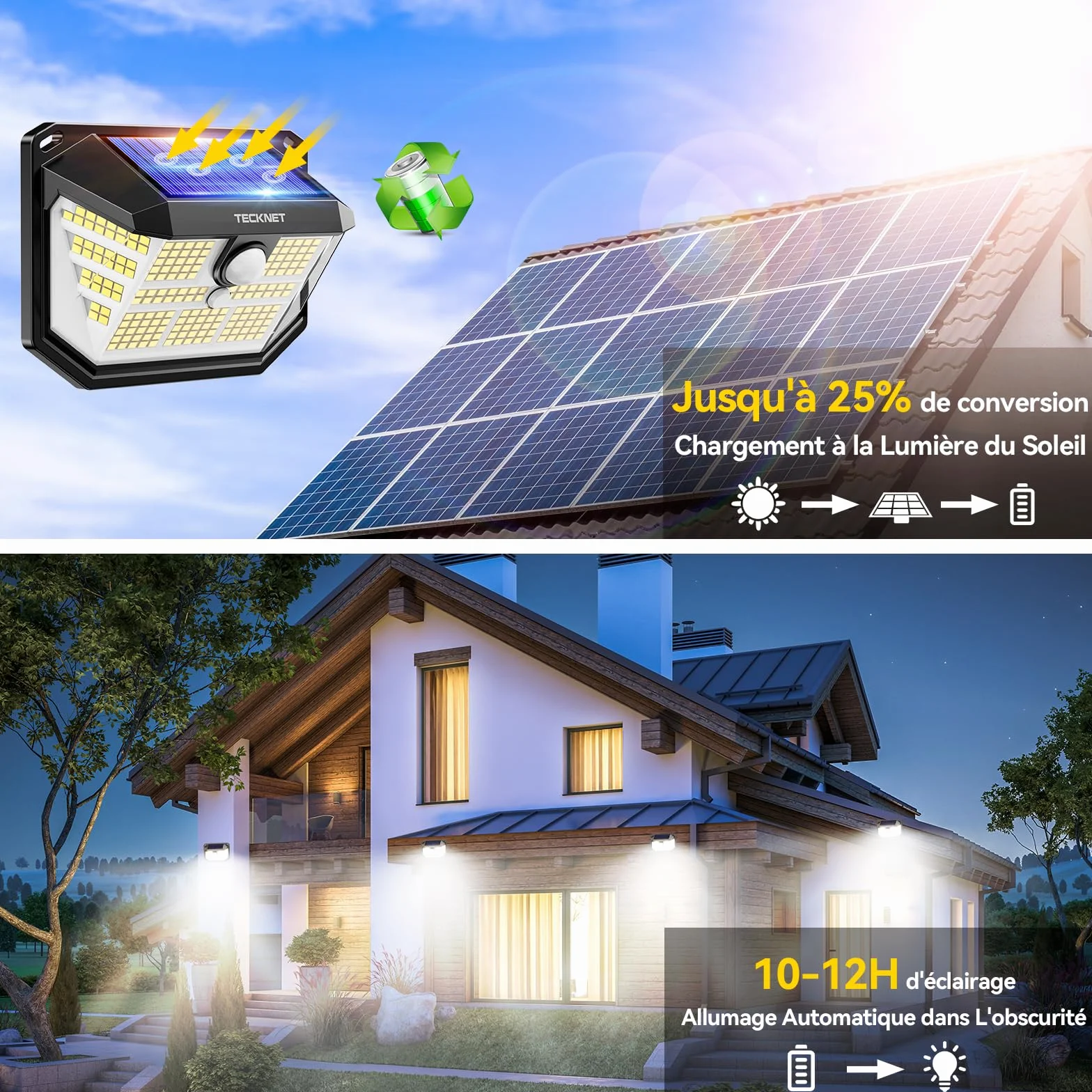 TECKNET Lampe Solaire Extérieur 231 LEDs Projecteur 300° IP65 3 Modes Détecteur de Mouvement Pack de 2