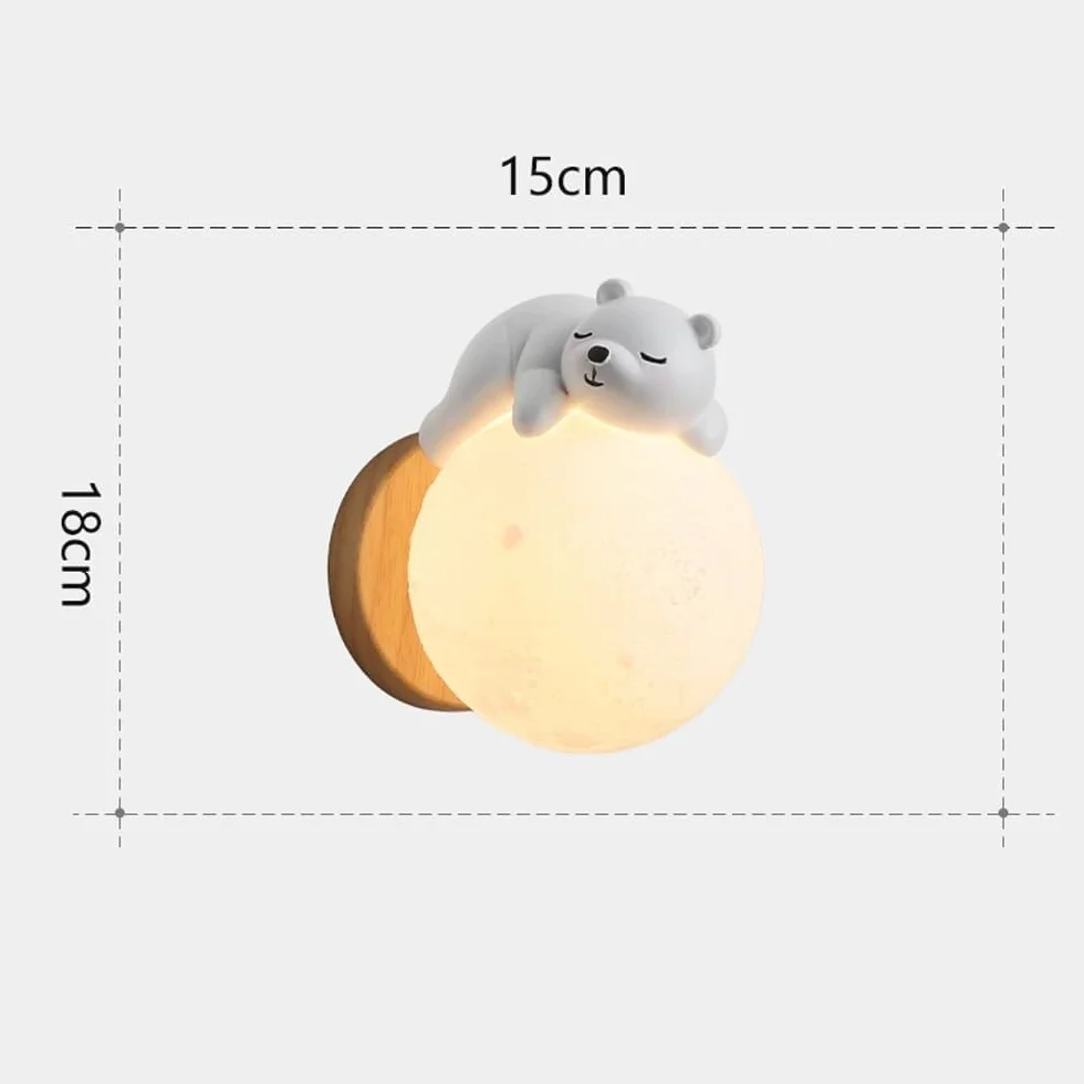 Applique Murale Chambre d'Enfants Lune Moderne Bois Résine Ours Abat-Jour PLA G9 Créatif Chevet Décor Luminaire