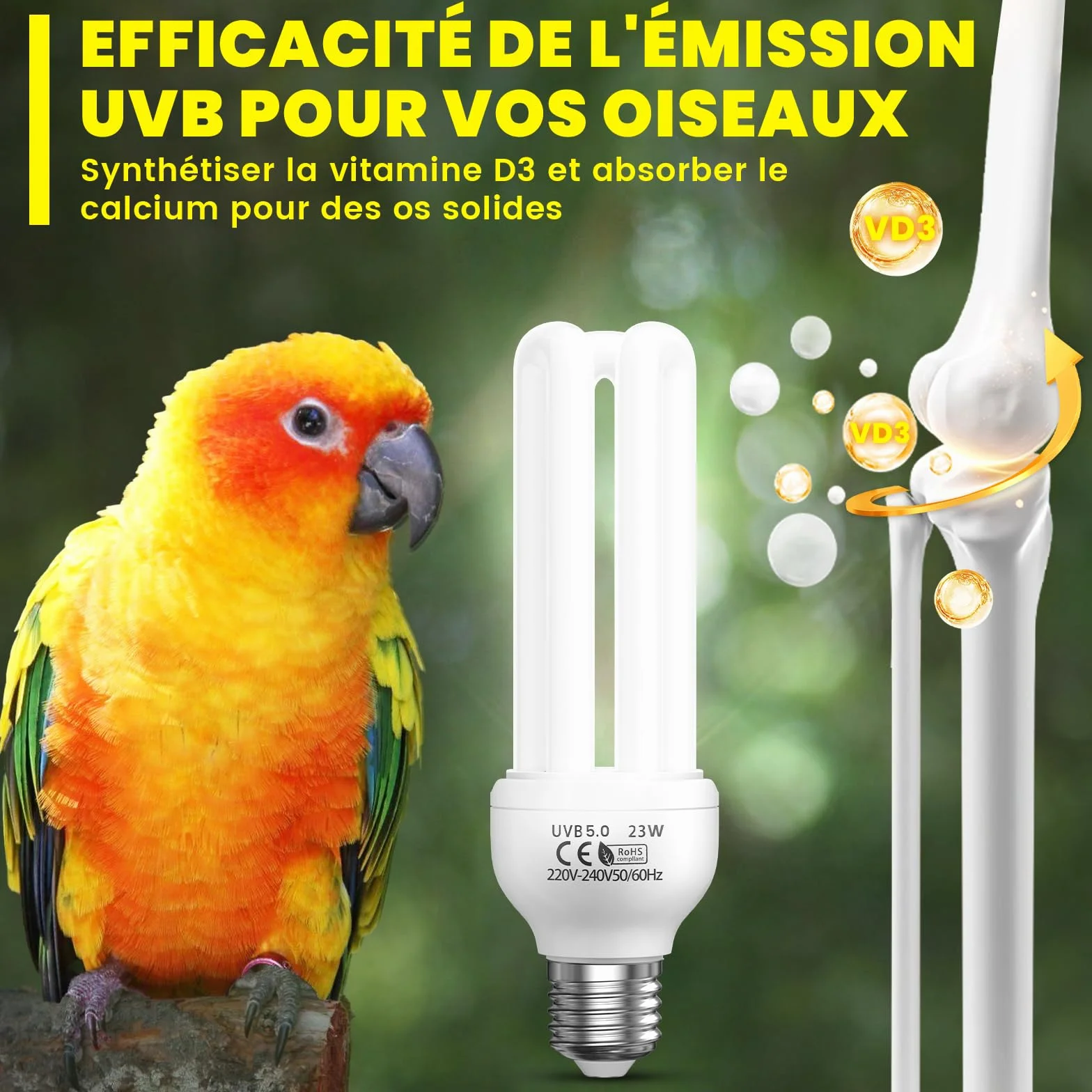 Lampe UVB 5.0 23W E27 pour Oiseaux Perroquets Reptiles