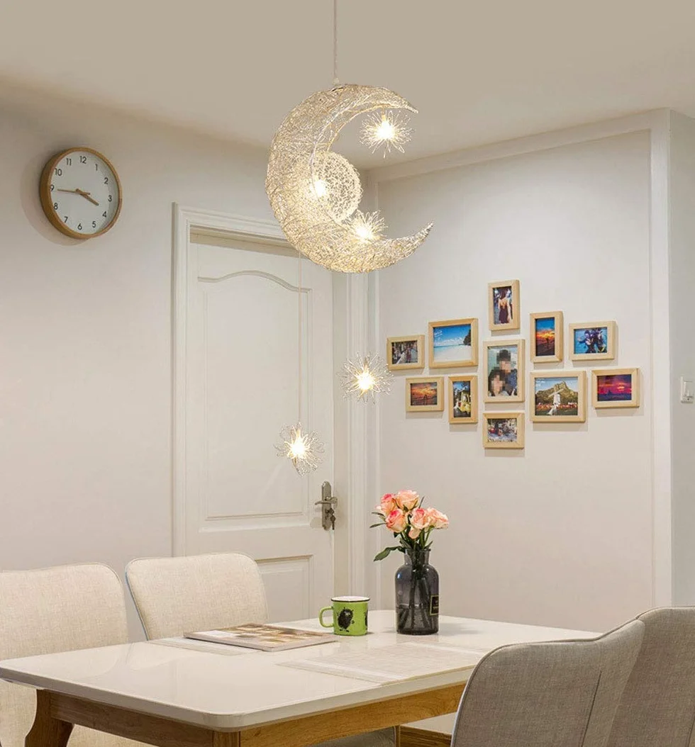 Lustre Suspension Lune étoiles LED Plafonnier Luminaire Aluminium 5 Ampoules Enfants Chambre