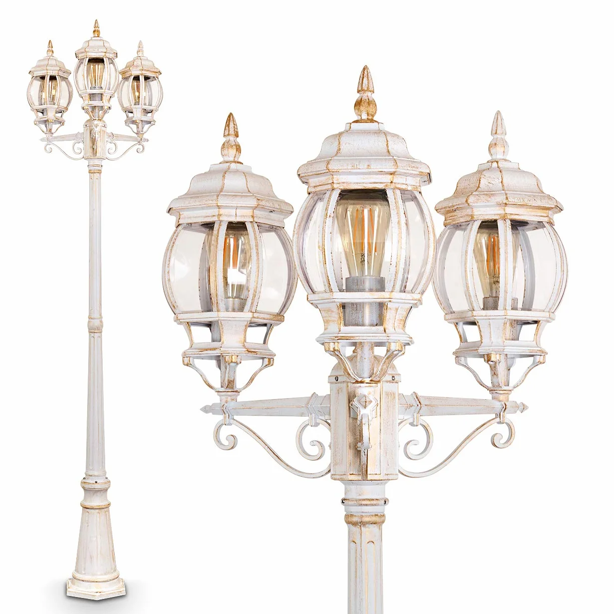 Lampe d'extérieur Lentua candélabre antique métal blanc/or 3 branches 215 cm E27 IP44