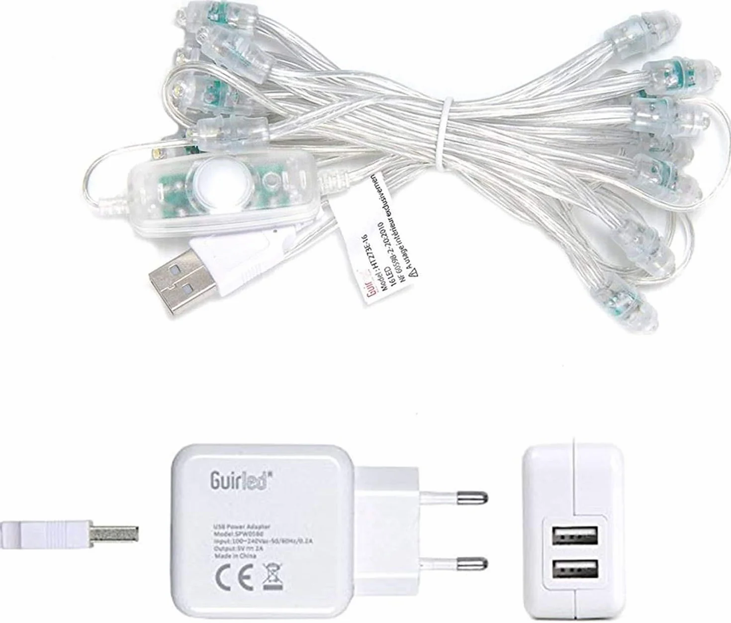 GuirLED Guirlande lumineuse boules coton LED USB Veilleuse bébé 2h Adaptateur double USB 2A 3 intensités 16 boules 1.6m Princesse