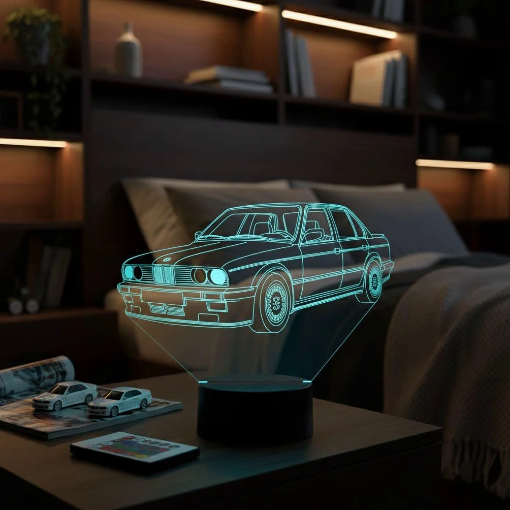 Lampe 3D BMW E30 Personnalisée Veilleuse LED 16 Couleurs Télécommande Gravure Laser Haute Précision Fabriqué en France