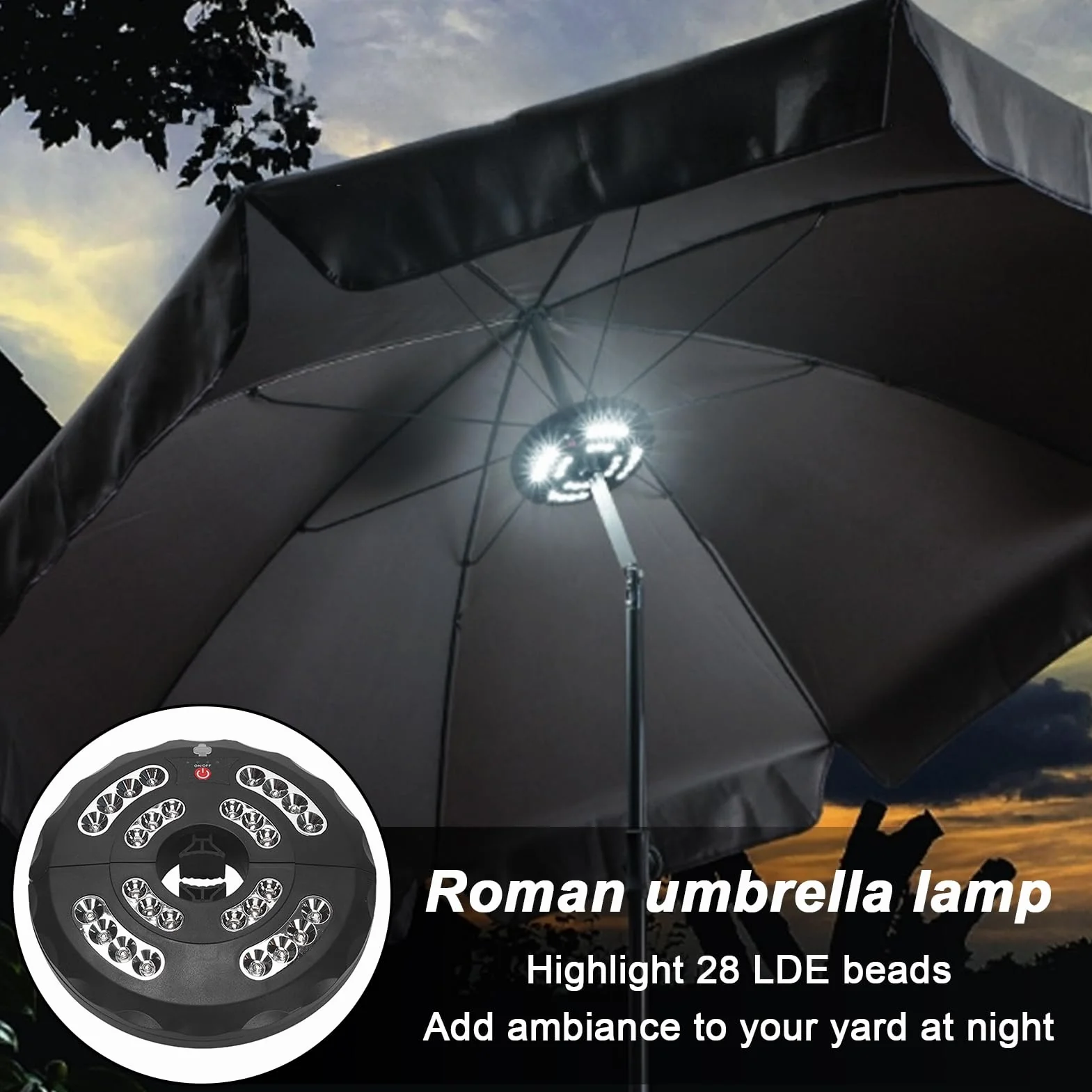 Lampe LED parasol patio rechargeable Type-C super lumineux extérieur Noir