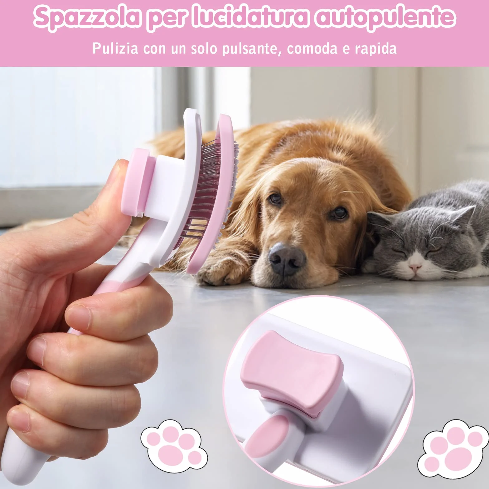 Vinabo Brosse Autonettoyante Pour Animaux de Compagnie, Pour Chiens Chats, Poils Longs et Courts, Rose