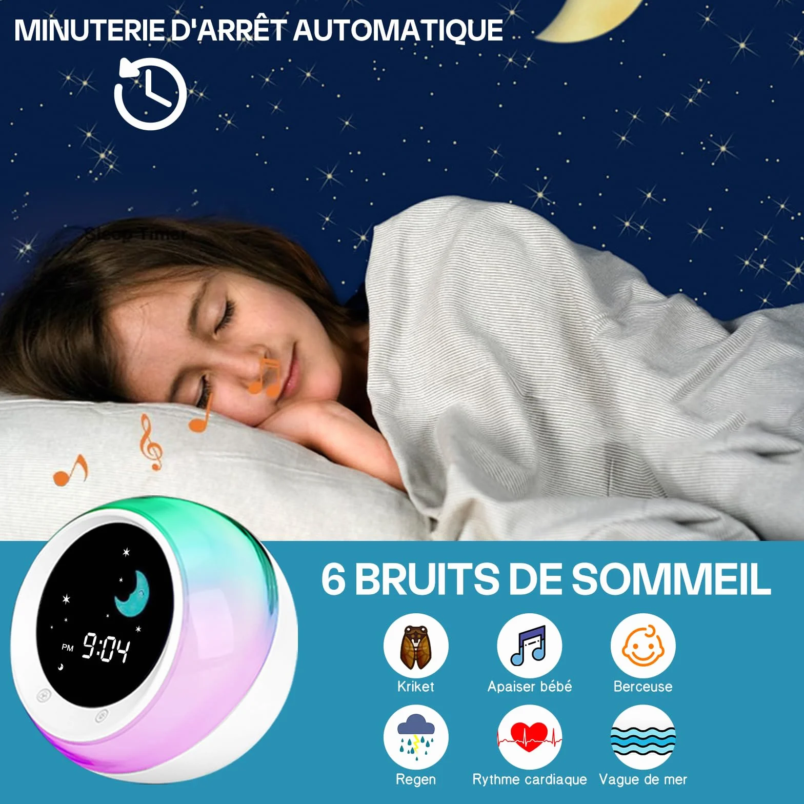 I·CODE Réveil Enfant Apprentissage Sommeil avec Affichage Lune Soleil Veilleuse Alarme Son Favorisant Sommeil