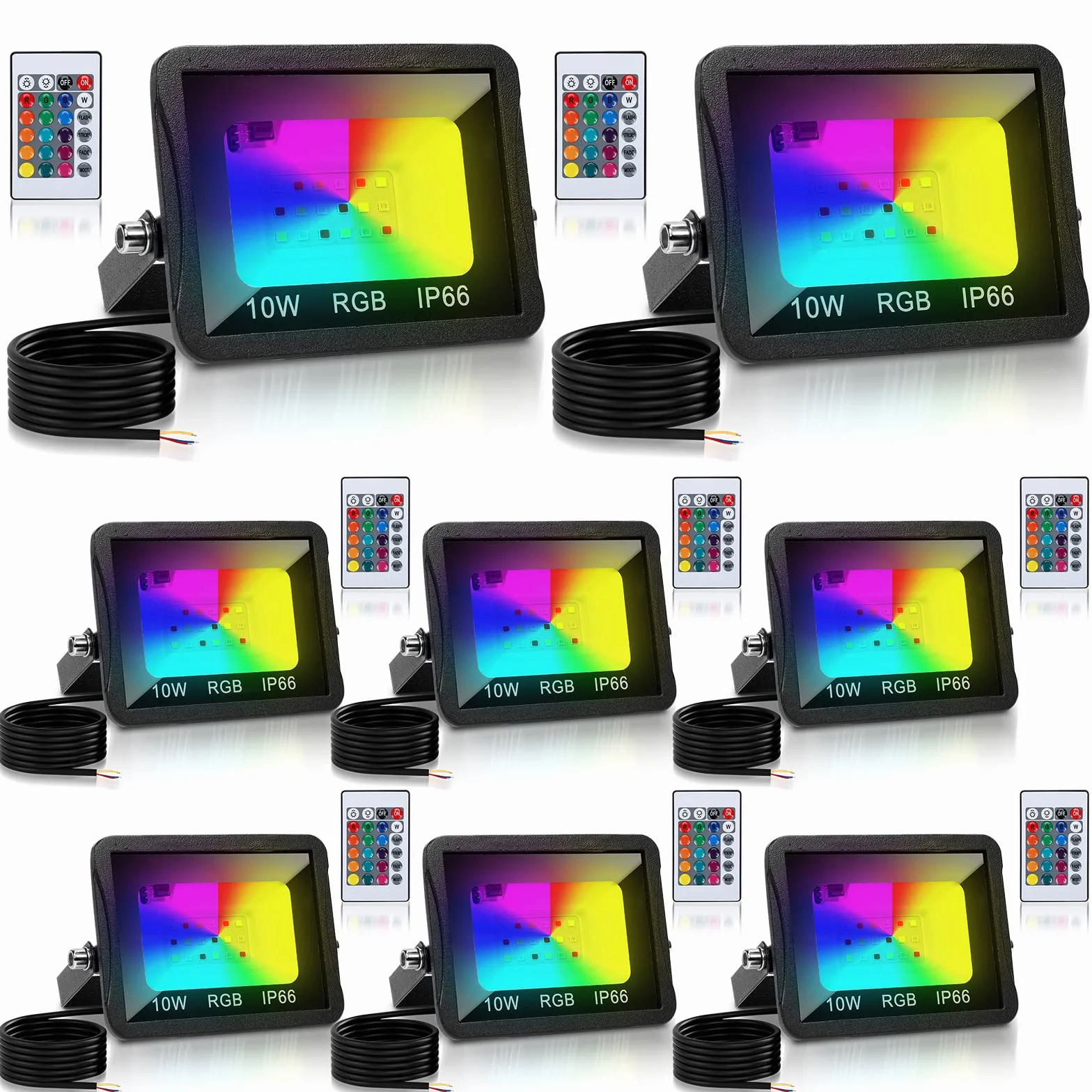 Projecteur LED RGB Extérieur 10W 8pack IP66 Étanche avec Télécommande 16 Couleurs 4 Modes Fonction Mémoire
