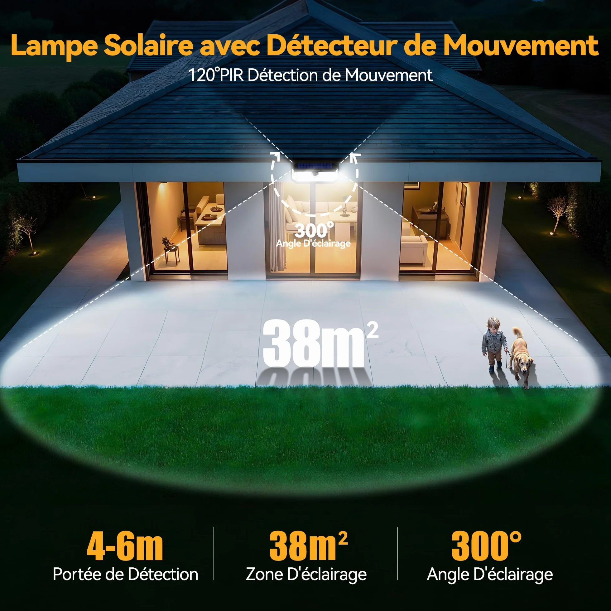 TECKNET Lampe Solaire Extérieur 4200LM 416 LEDs 300° 3 Modes Détecteur de Mouvement IP66