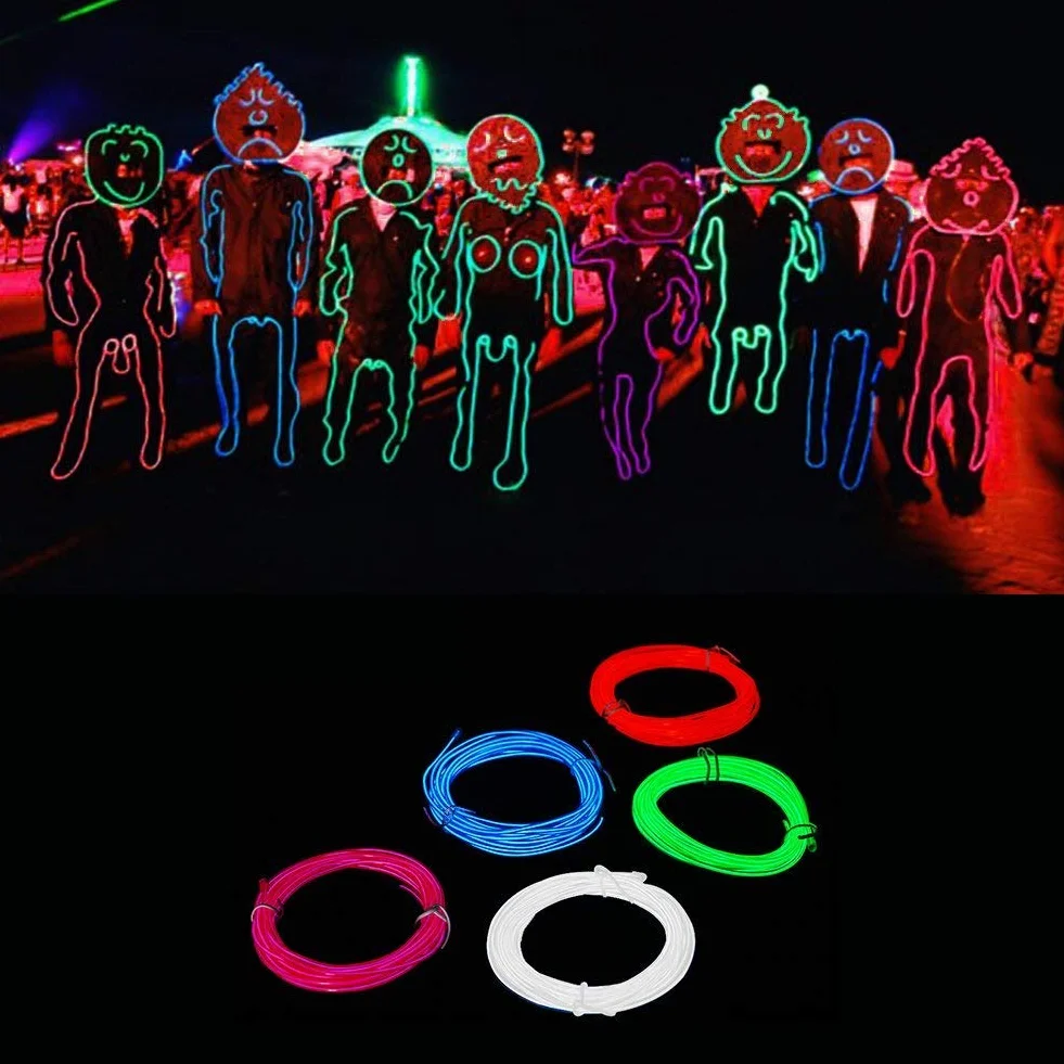 Guirlande Lumineuses EL Fil Néon 5x3M 3 Mode Éclairage Fixe Clignotant Stroboscope Tube Fluo EL Wire Fête Mariage