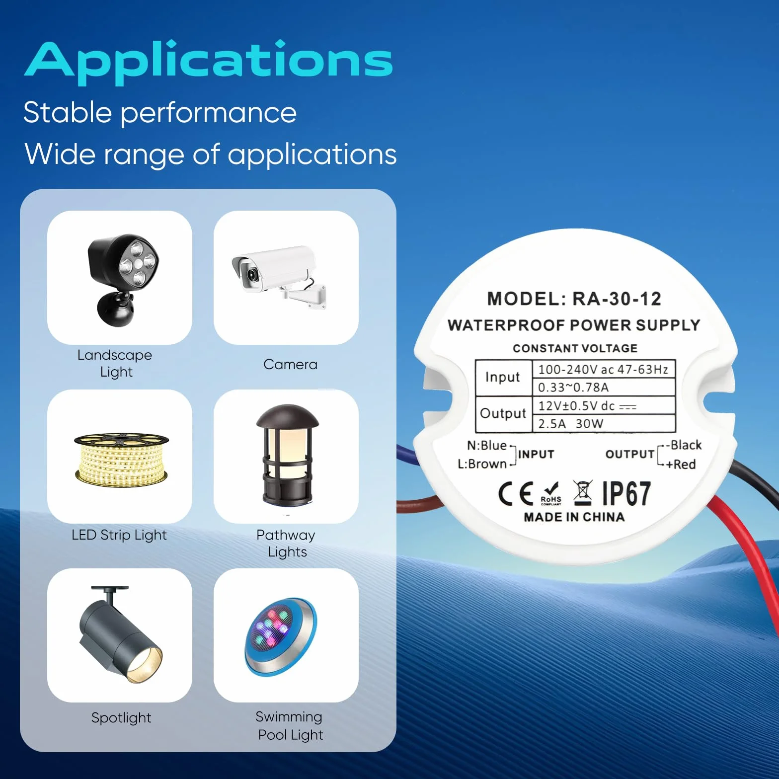 Transformateur LED 12V 30W 2.5A IP67 Étanche Alimentation Rond Ø48mm avec 2 Connecteurs