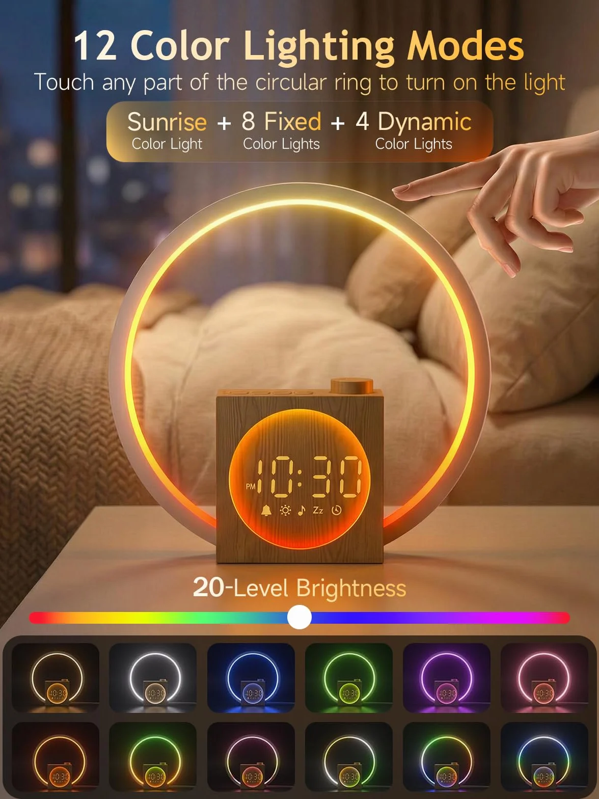 Simulateur d'Aube et Crépuscule Éveil Lumière avec Anneau Tactile 360°, 12 Couleurs, 30 Sons Naturels, Veilleuse Enfant, Snooze, Sleep Timer