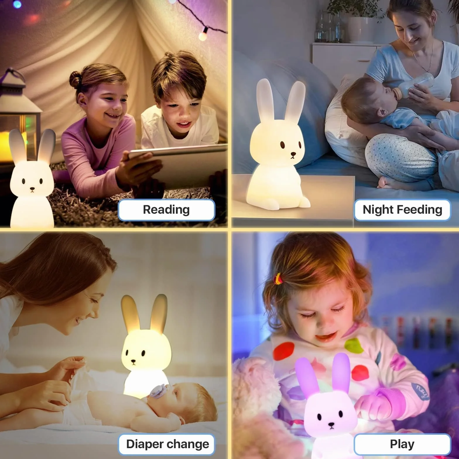 SOLIDEE Veilleuse Bebe Bunny 7 Changements de Lumière Recharge USB Minuterie Lampe de Chevet Silicone Enfant