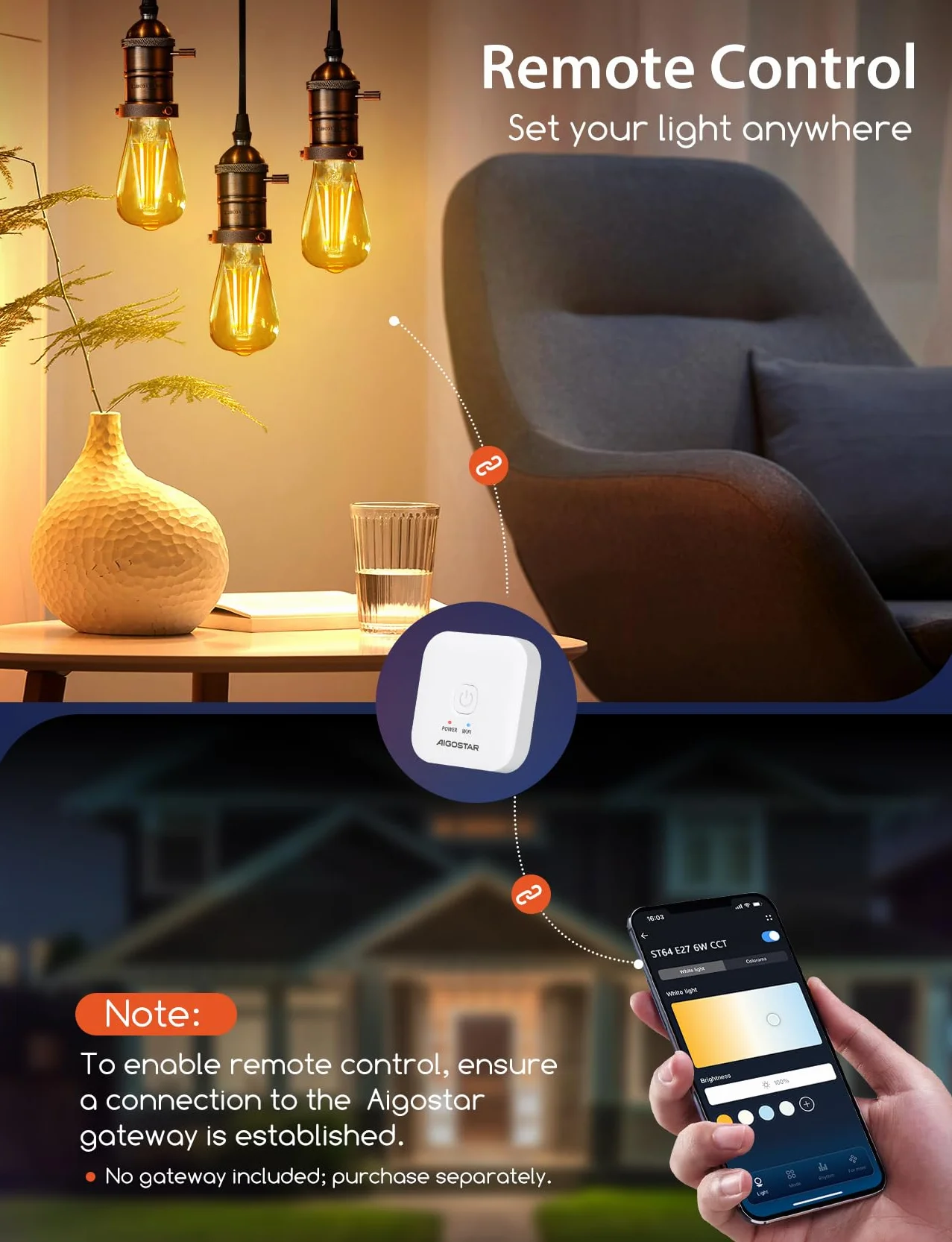 Aigostar Ampoule Connectée Alexa E27 Bluetooth Mesh ST64 LED Edison Vintage Dimmable 6W 2700K-6500K 4 Unité avec Passerelle et Télécommande