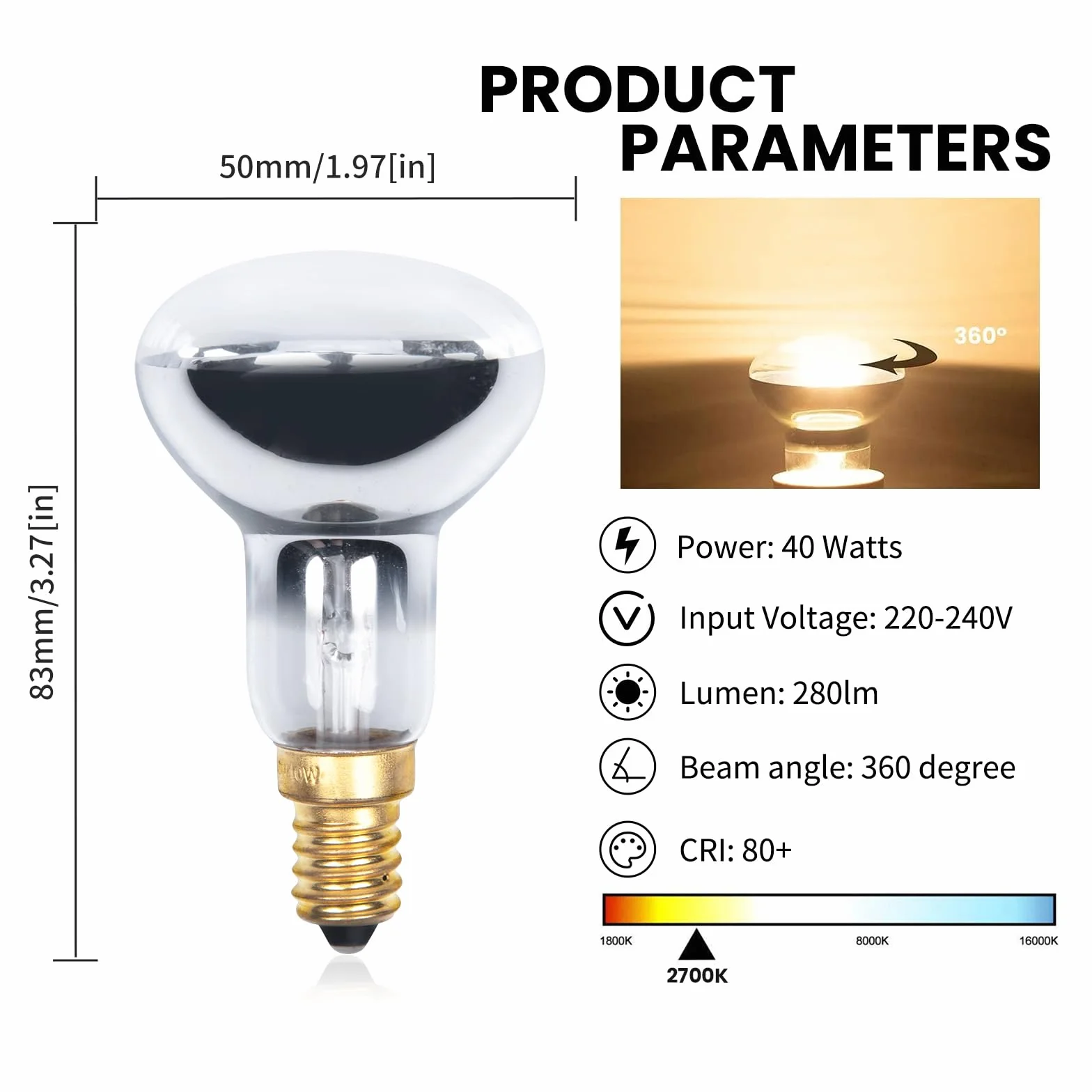 Ampoule E14 R50 Dimmable 2700K Blanc Chaude Luxvista 4-Pack