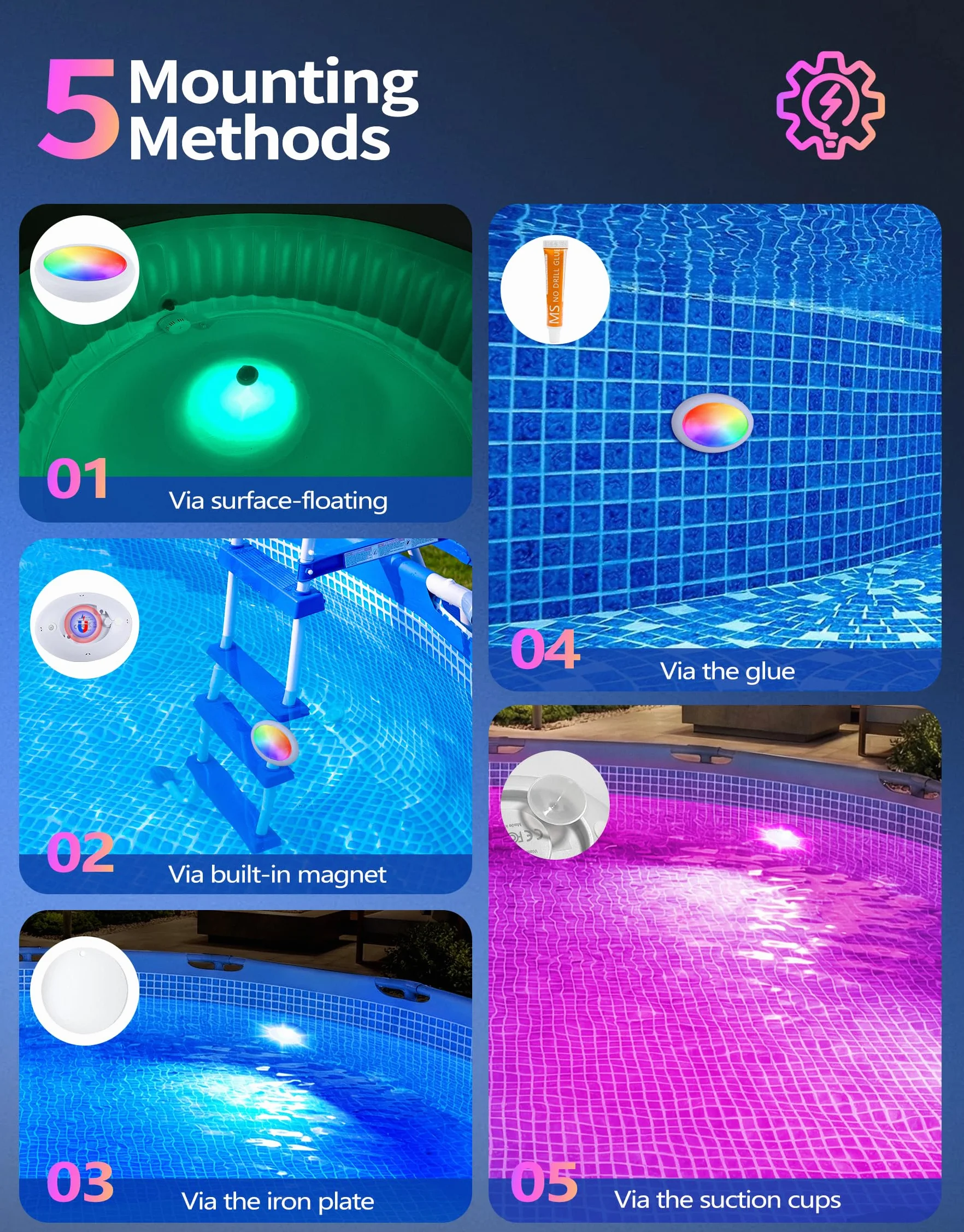 PoolLeader Éclairage Piscine Submersible Rechargeable avec Télécommande, Changement de Couleur, Aimant, Ventouses, 2 Pièces