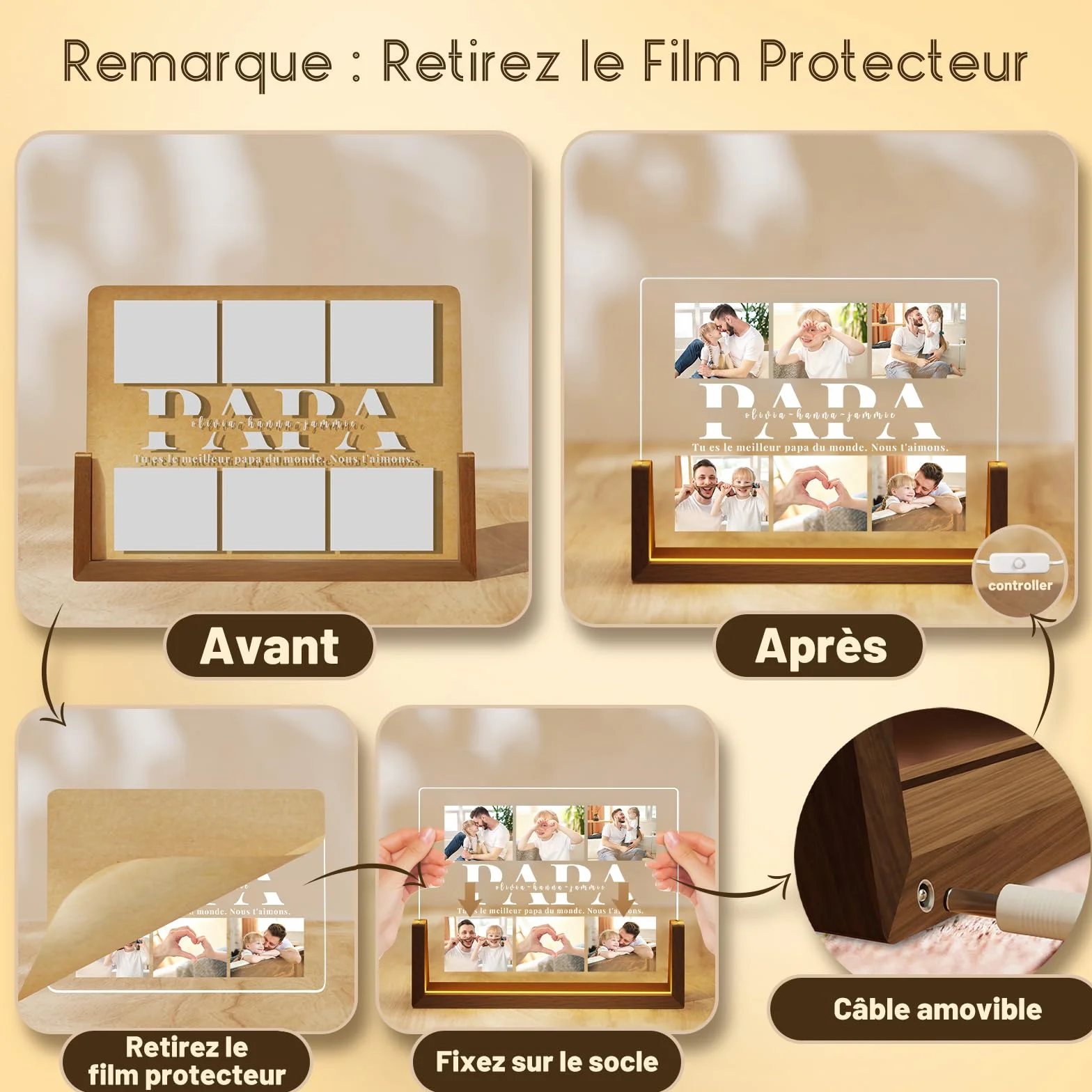 LUCKOR Cadre Photo Personnalisé Fête des Pères - Lampe Papa avec Photo Bébé