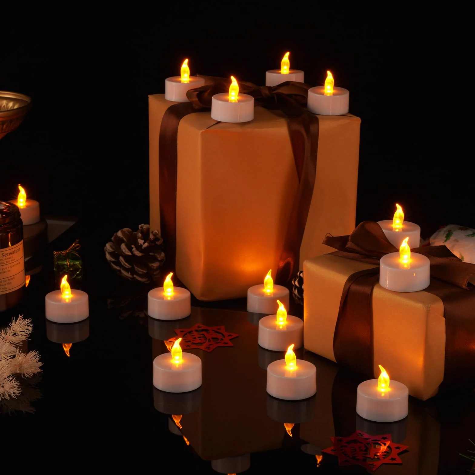 Bougies chauffe-plat LED Lot de 24 Piles CR2032 Incluses Flamme Réaliste 100+ Heures Sans Feu Lumière Jaune Chaude