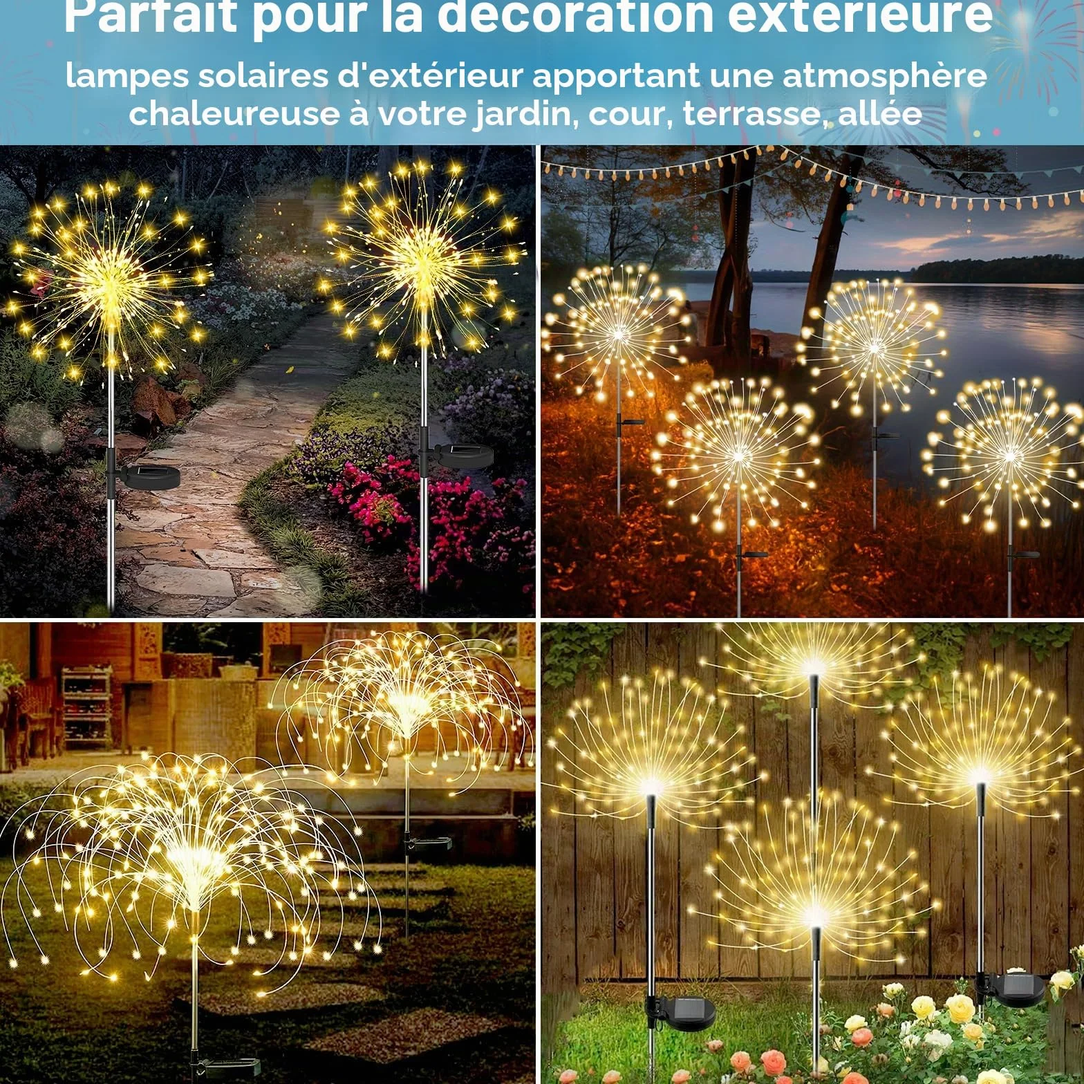 Lanterne Solaire Exterieur 4 Pièces 120 LED Blanc Chaud Étanche Pissenlit Décoration Jardin