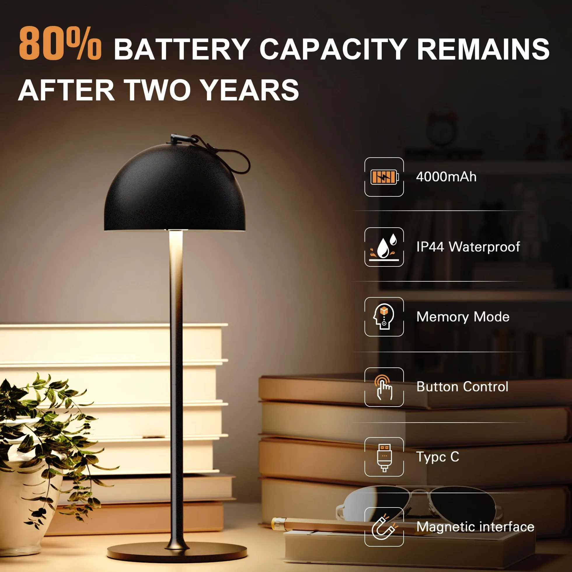 DEELUX Lampe de Table Sans Fil Rechargeable, Hauteur Réglable Métal, USB-C, 3000K Blanc Chaud Dimmable LED, Noir
