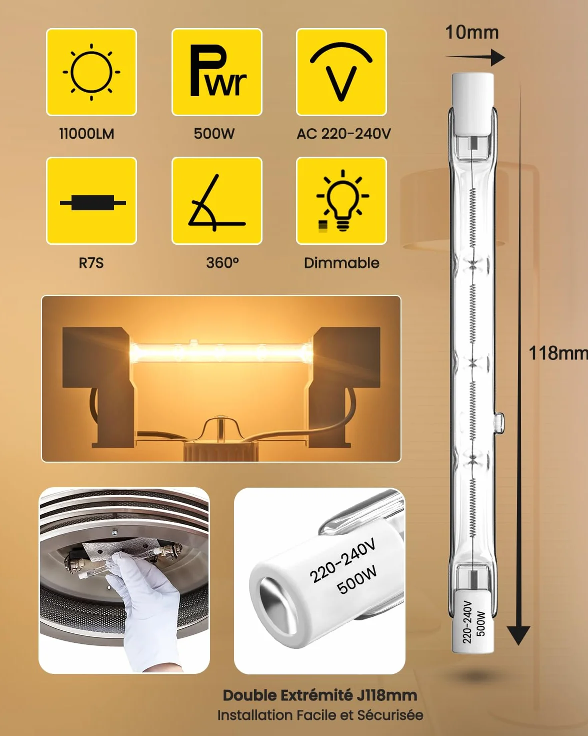 Lot de 2 R7s Ampoule Halogène Crayon 500W 118mm Dimmable 2800K T3 J118 11000LM