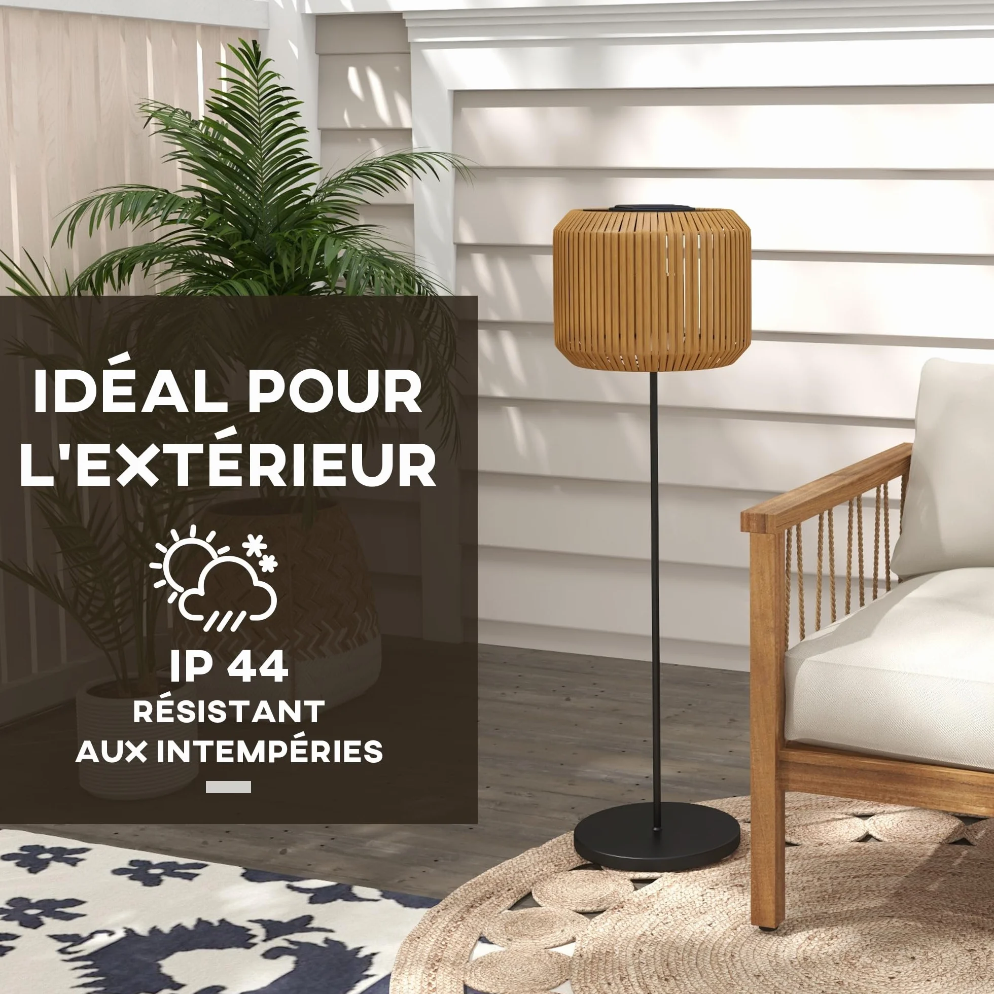 Outsunny Lampadaire solaire extérieur en résine tressée, rechargeable avec capteur lumière, LED étanche, 130 cm, jaune