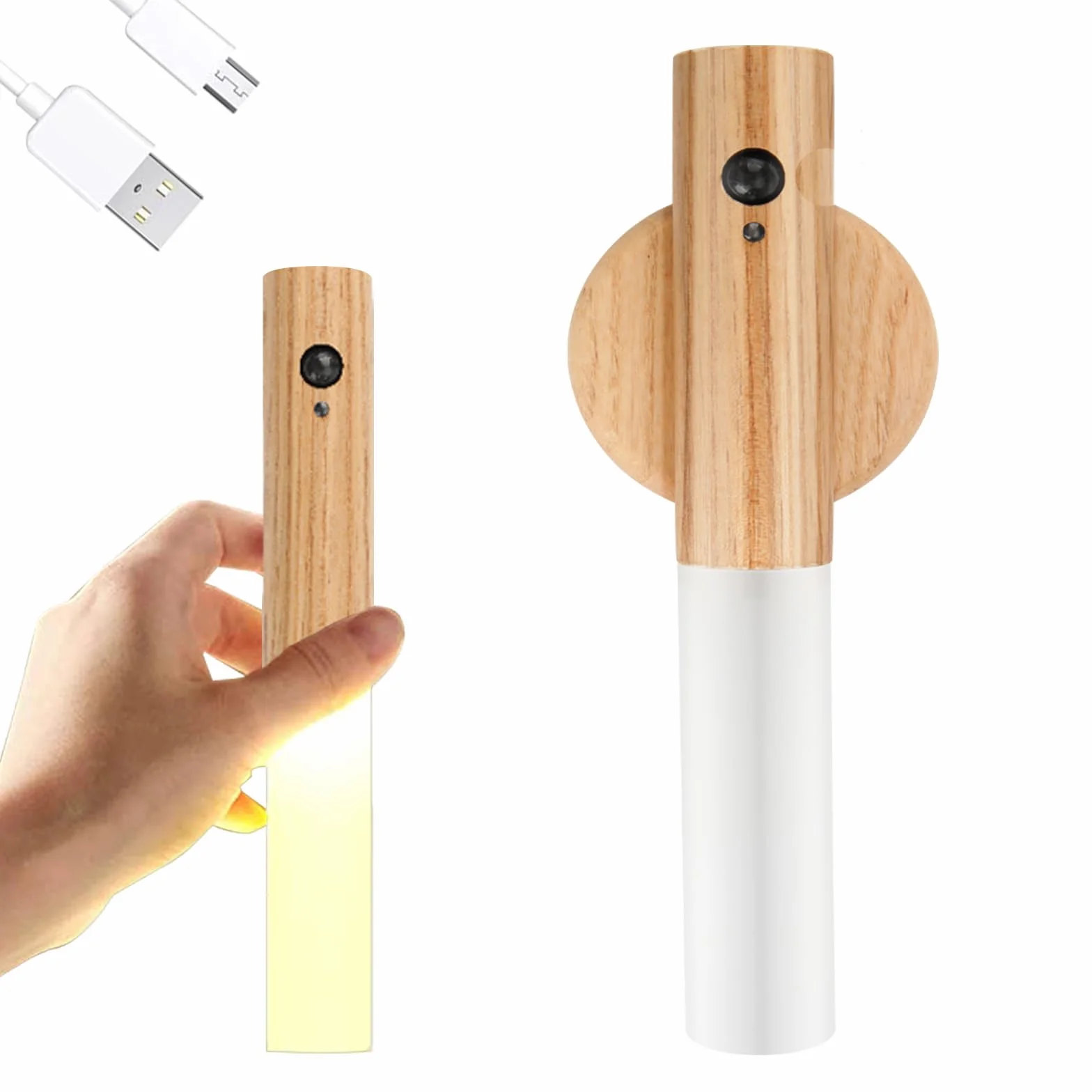 Applique Murale en Bois avec Détecteur de Mouvement, Veilleuse Rechargeable Sans Fil Magnétique pour Chambre, Couloir